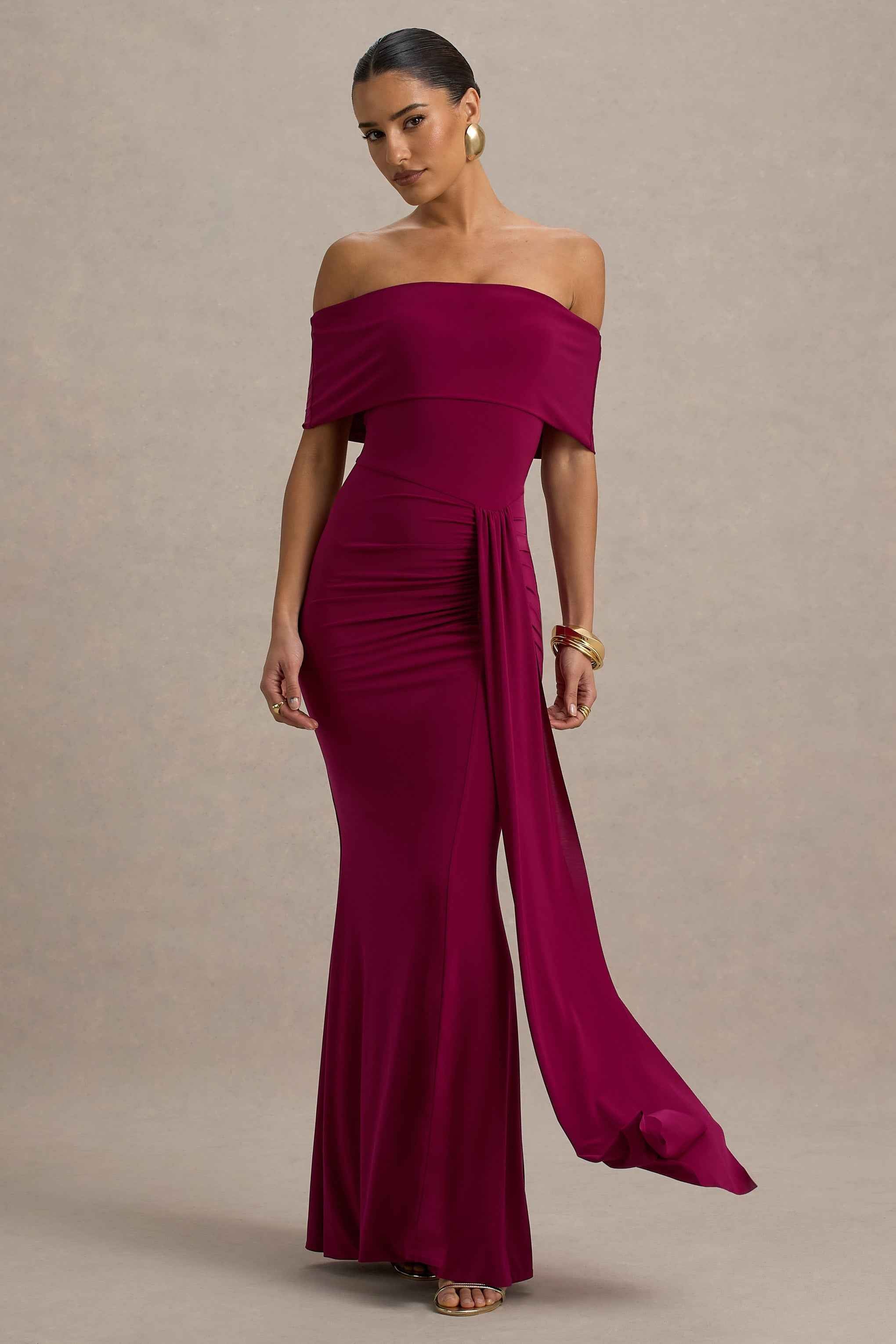 Delma Maxi Dress - Burgundy Bardot Ruched