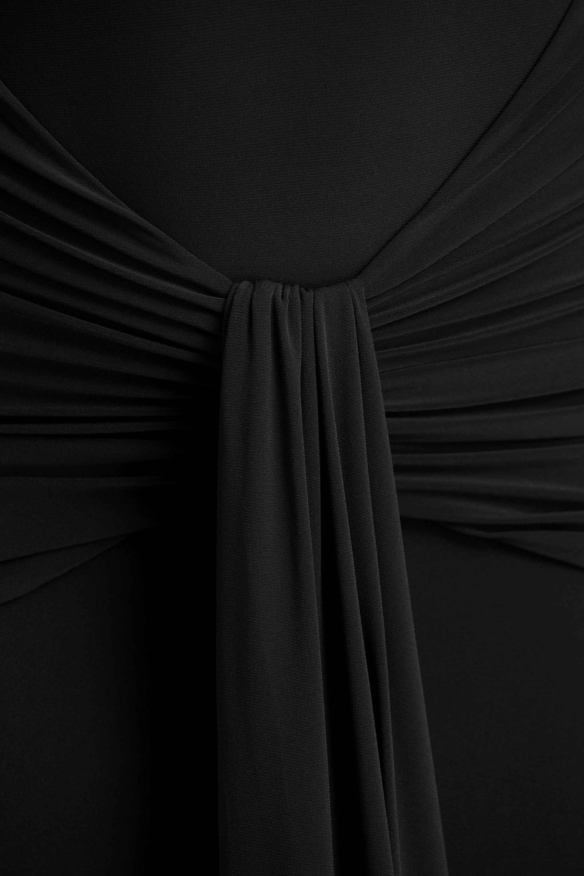Black Extreme-Plunge Wrap Maxi Dress With Long-Sleeves And Ruched Detailing