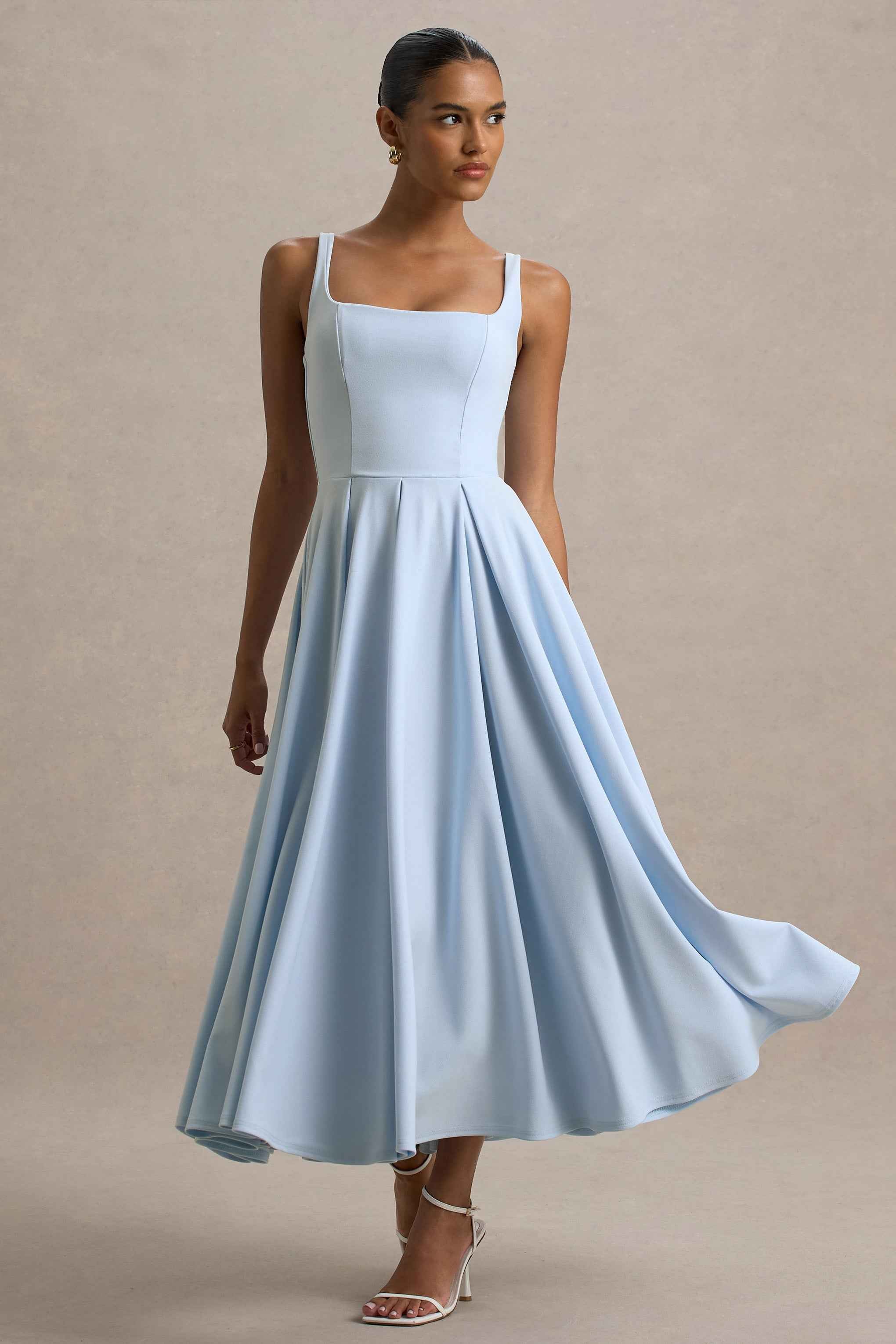 Parina Midi Dress - Powder Blue Pleated Strappy