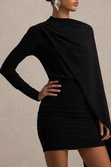 Black Long-Sleeve Mini Dress With Cape Sleeve