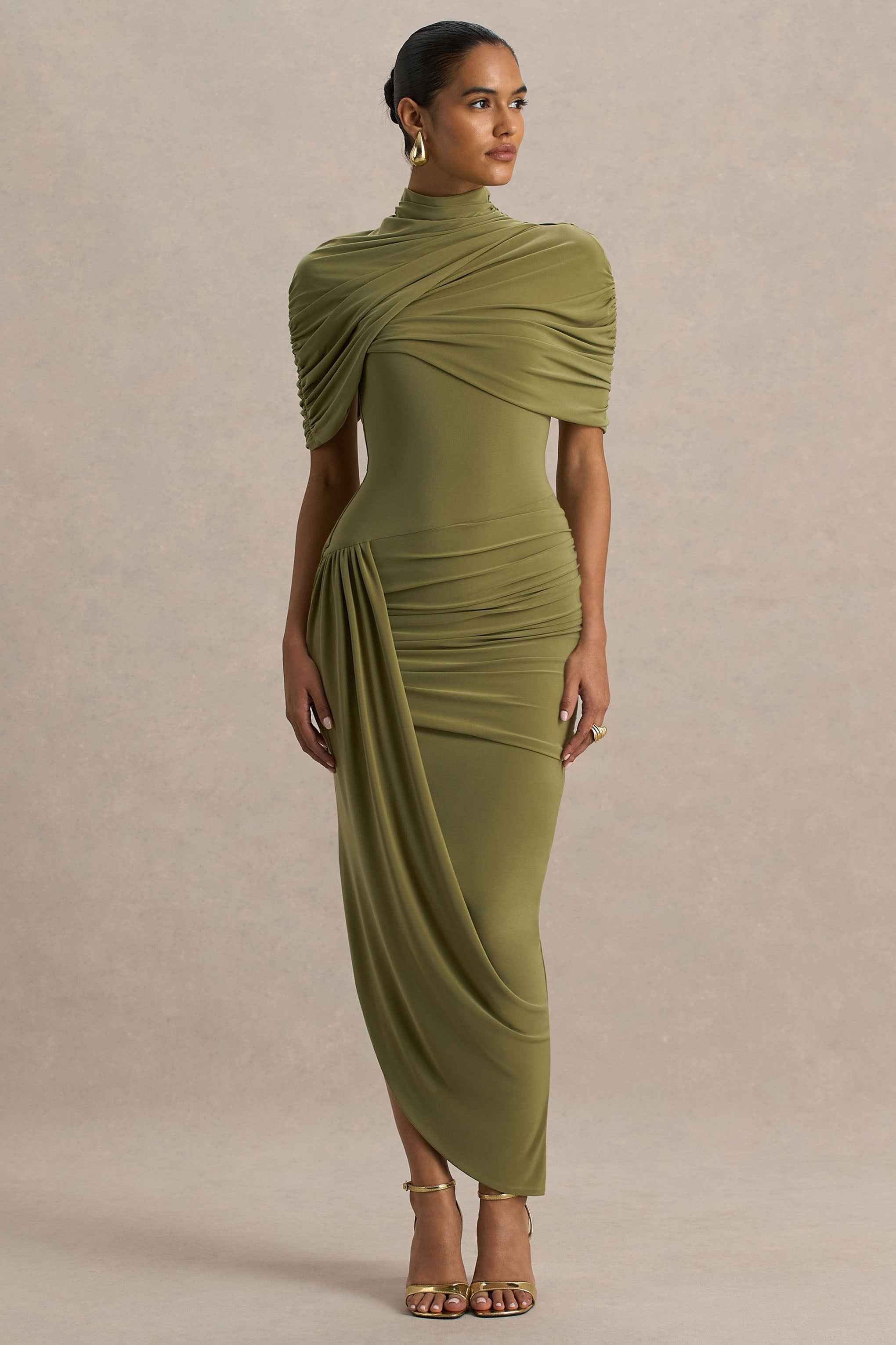Enchant Midi Dress - Olive Asymmetric Cape