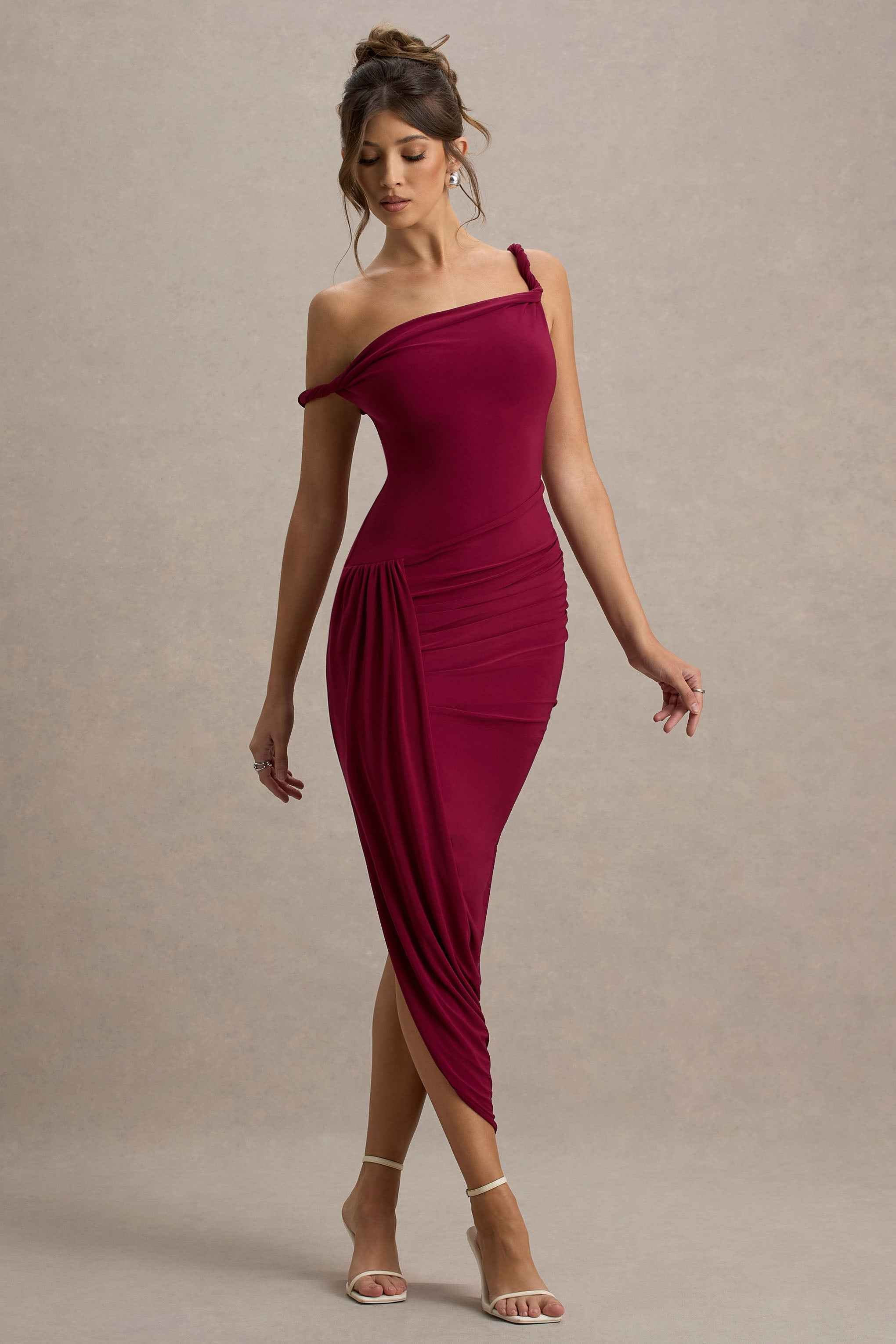 Burgundy Twisted Asymmetric Maxi Dress