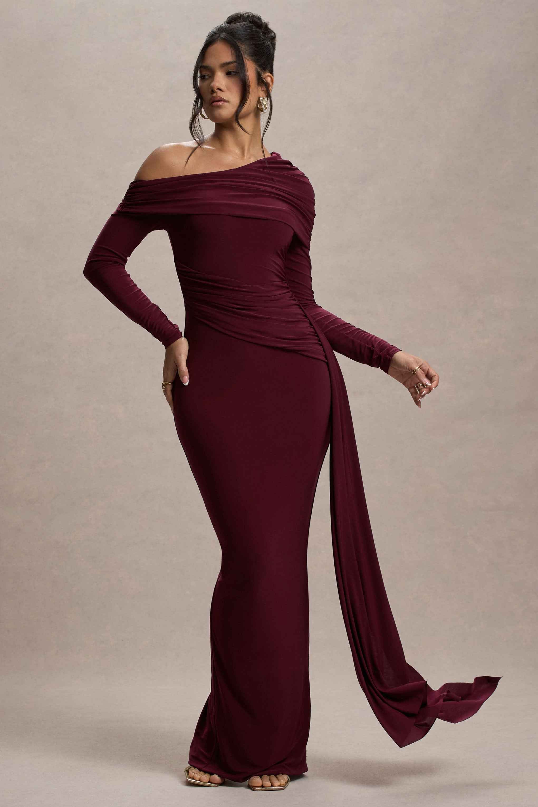 Valina Maxi Dress - Burgundy Ruched Asymmetric