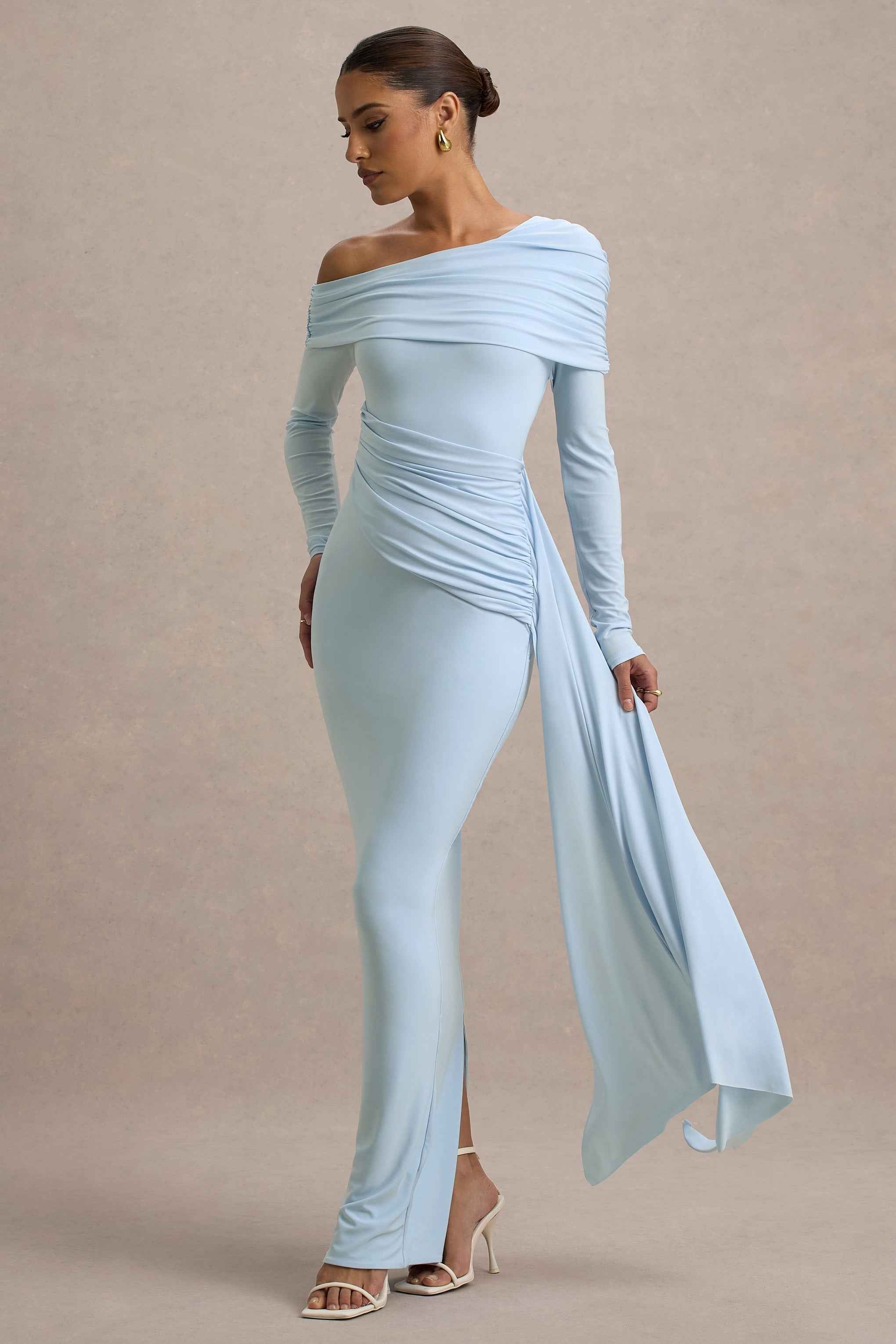 Valina Maxi Dress - Powder Blue Ruched Asymmetric