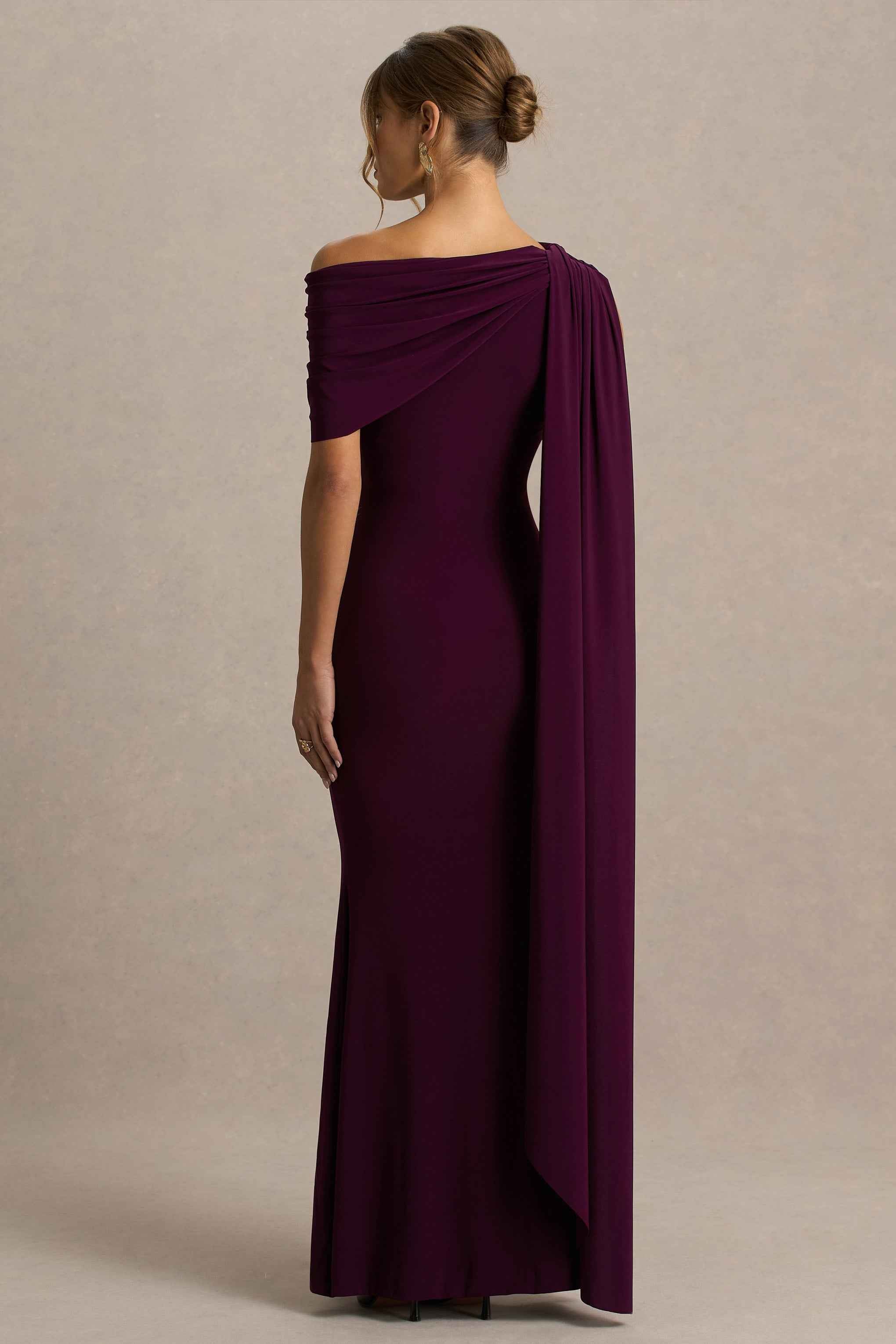 Dark Plum Asymmetric-Neck Maxi Dress With Draped Detail