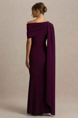 Dark Plum Asymmetric-Neck Maxi Dress With Draped Detail