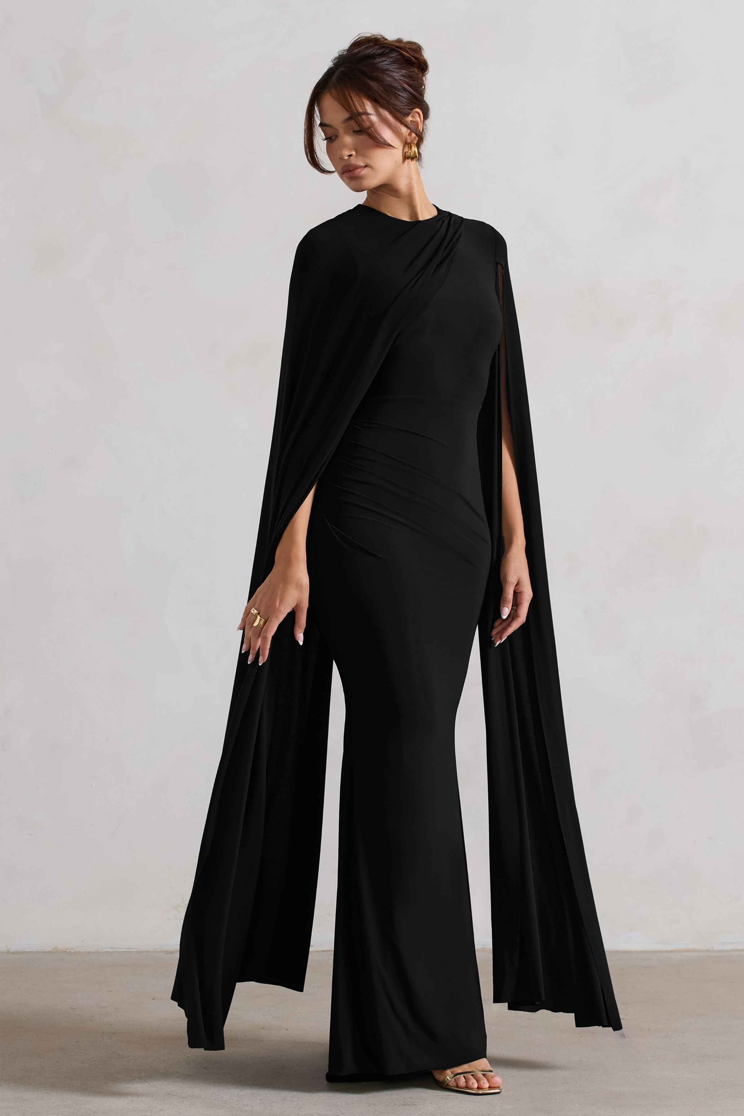 Magdelena Maxi Dress - Black Asymmetric Cape