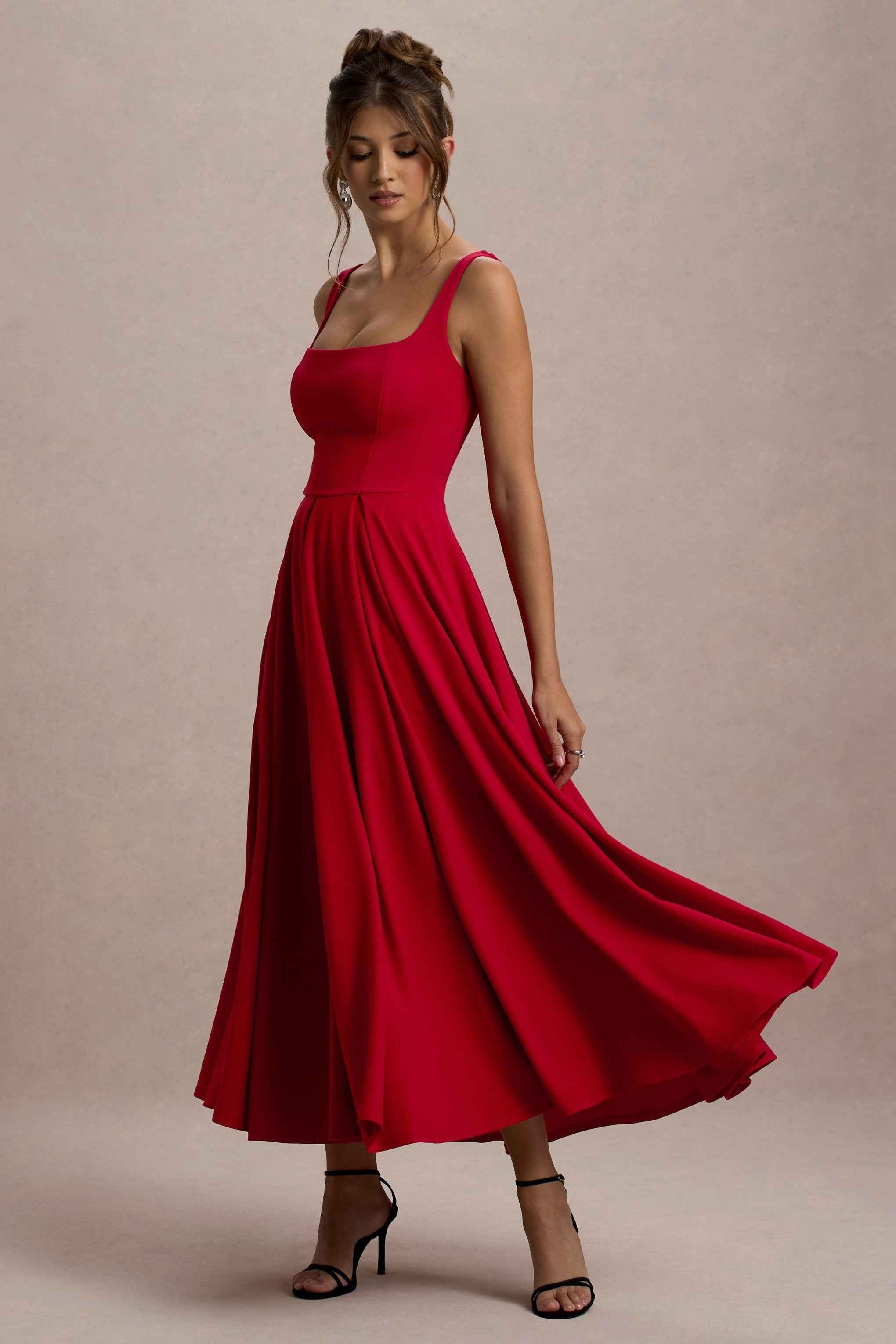 Parina Midi Dress - Red Strappy Pleated