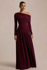 Farah Maxi Dress - Burgundy Asymmetric Neck Ruched