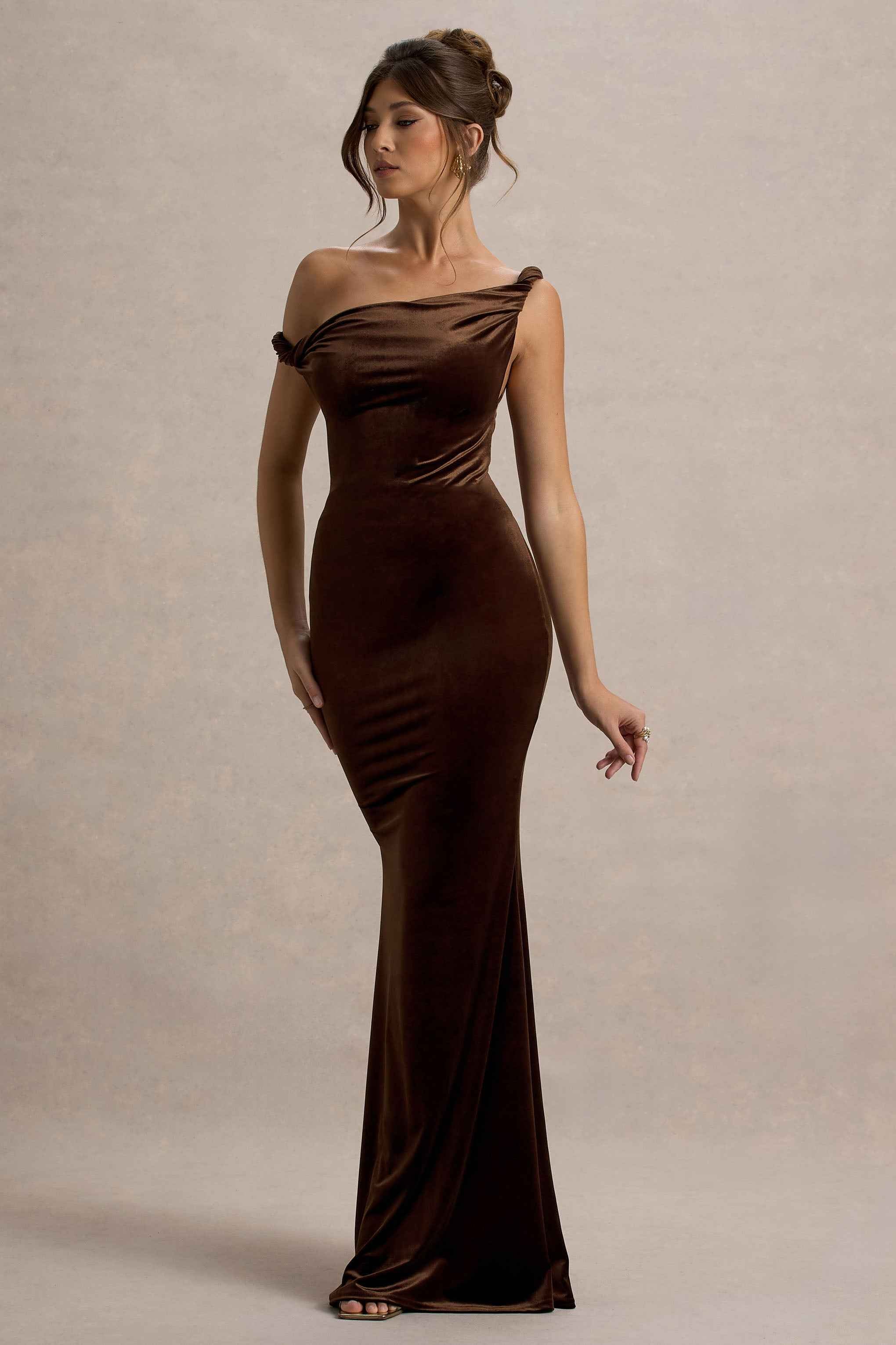 Neeka Maxi Dress - Brown Velvet Asymmetric