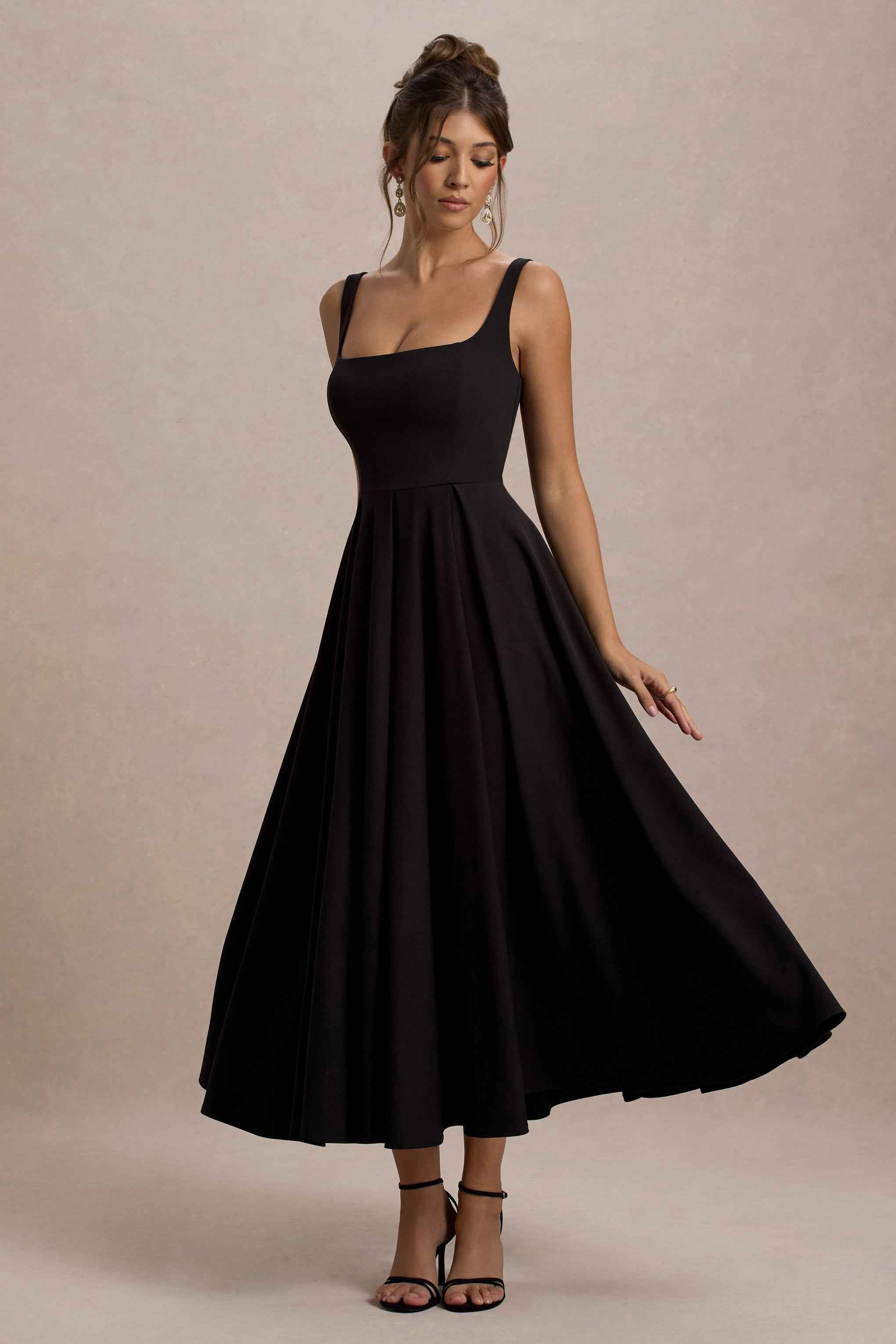 Parina Midi Dress - Black Strappy Pleated
