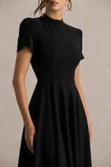 Vicky Midi Dress - Black High Neck Puff Sleeves