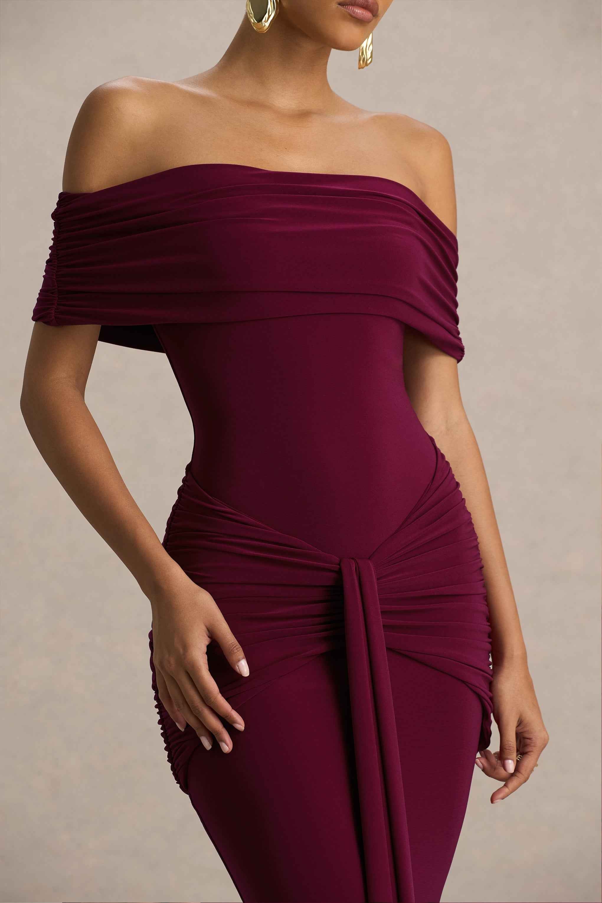 Envisioned Maxi Dress - Burgundy Bardot Neck Gathered