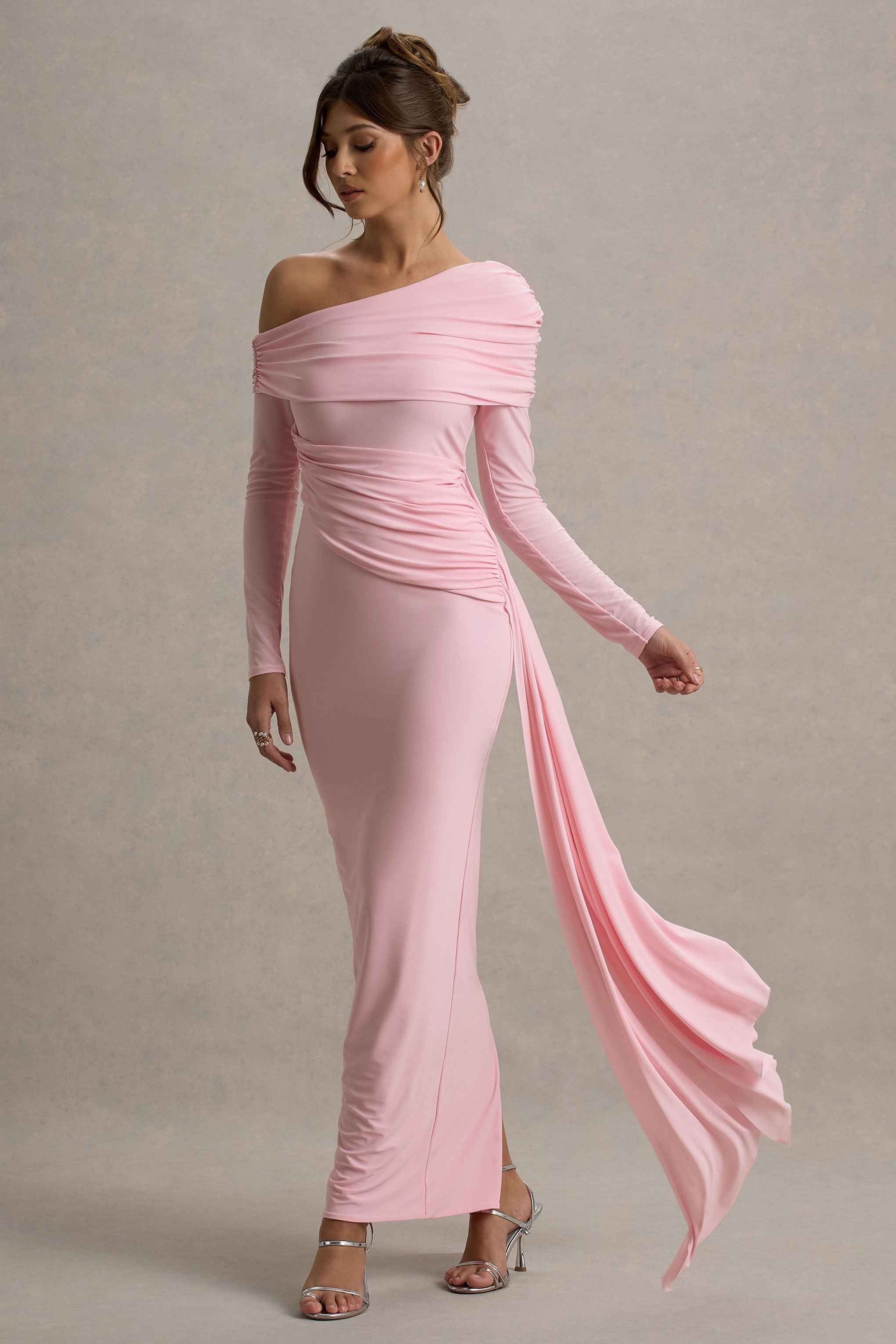 Valina Maxi Dress - Pink Ruched Asymmetric