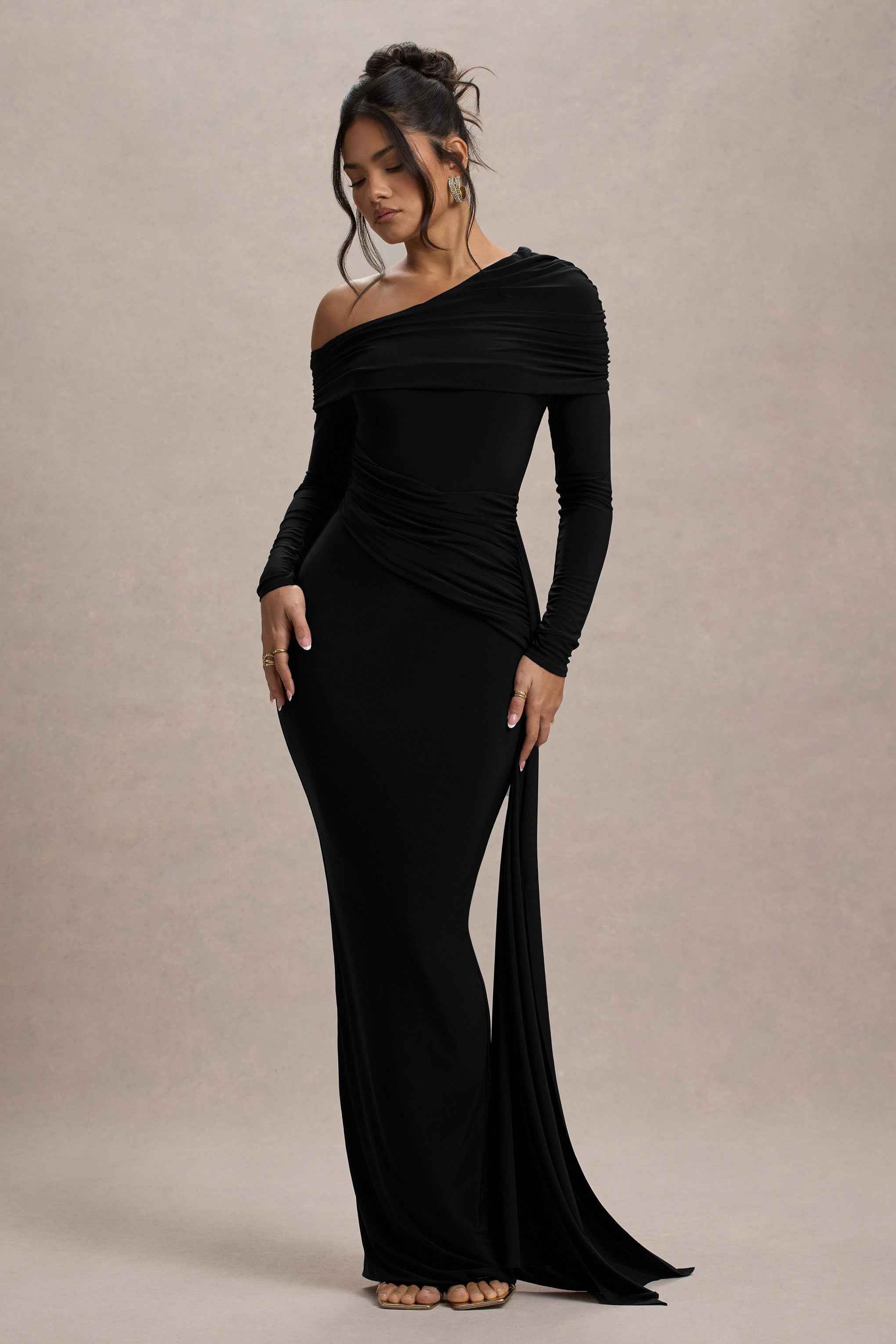 Valina Maxi Dress - Black Ruched Asymmetric