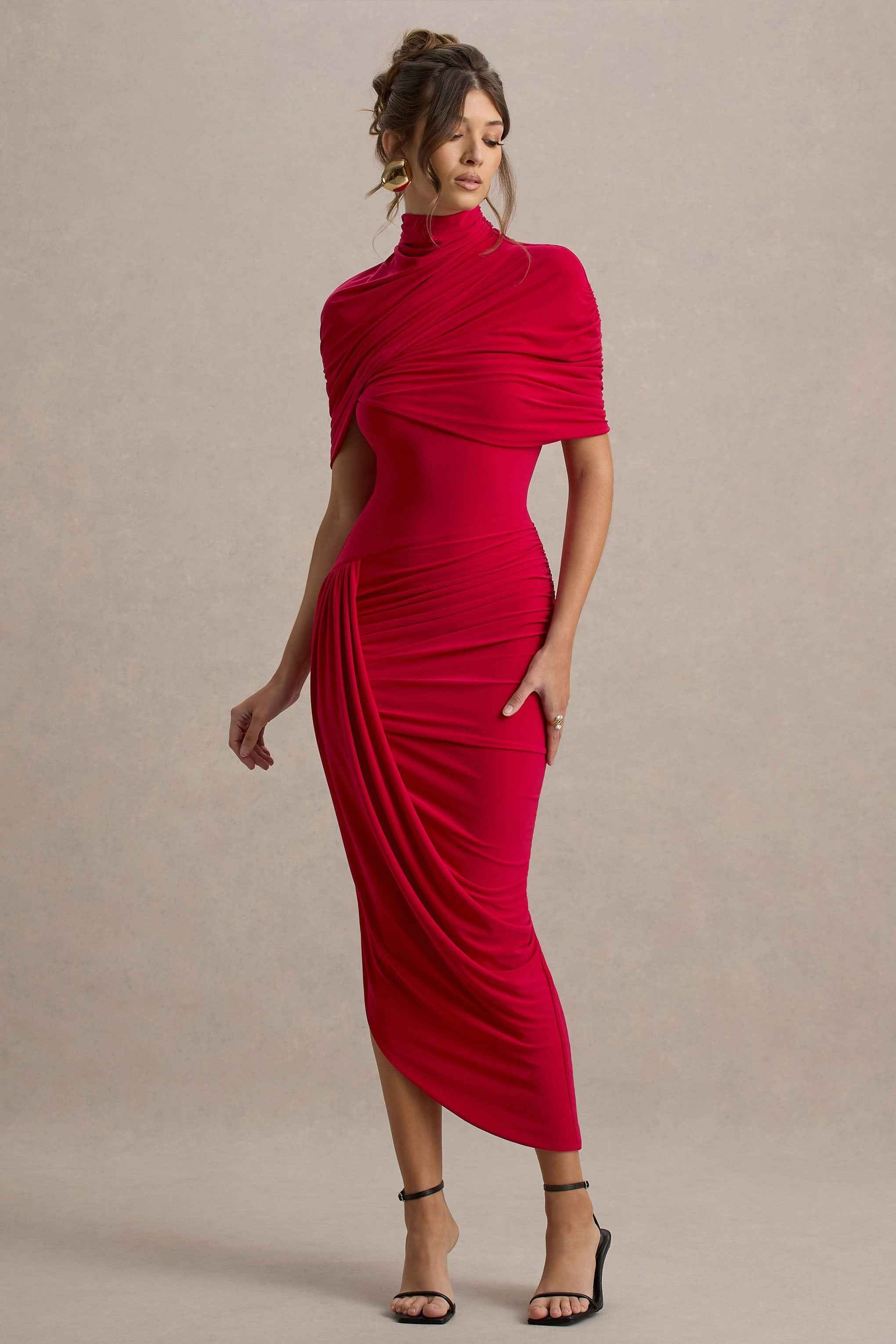 Enchant Midi Dress - Red Asymmetric Cape