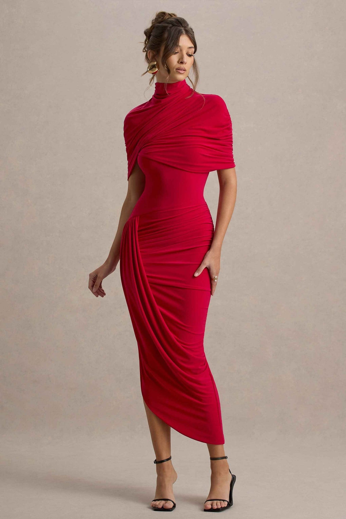 Enchant Midi Dress - Red Asymmetric Cape