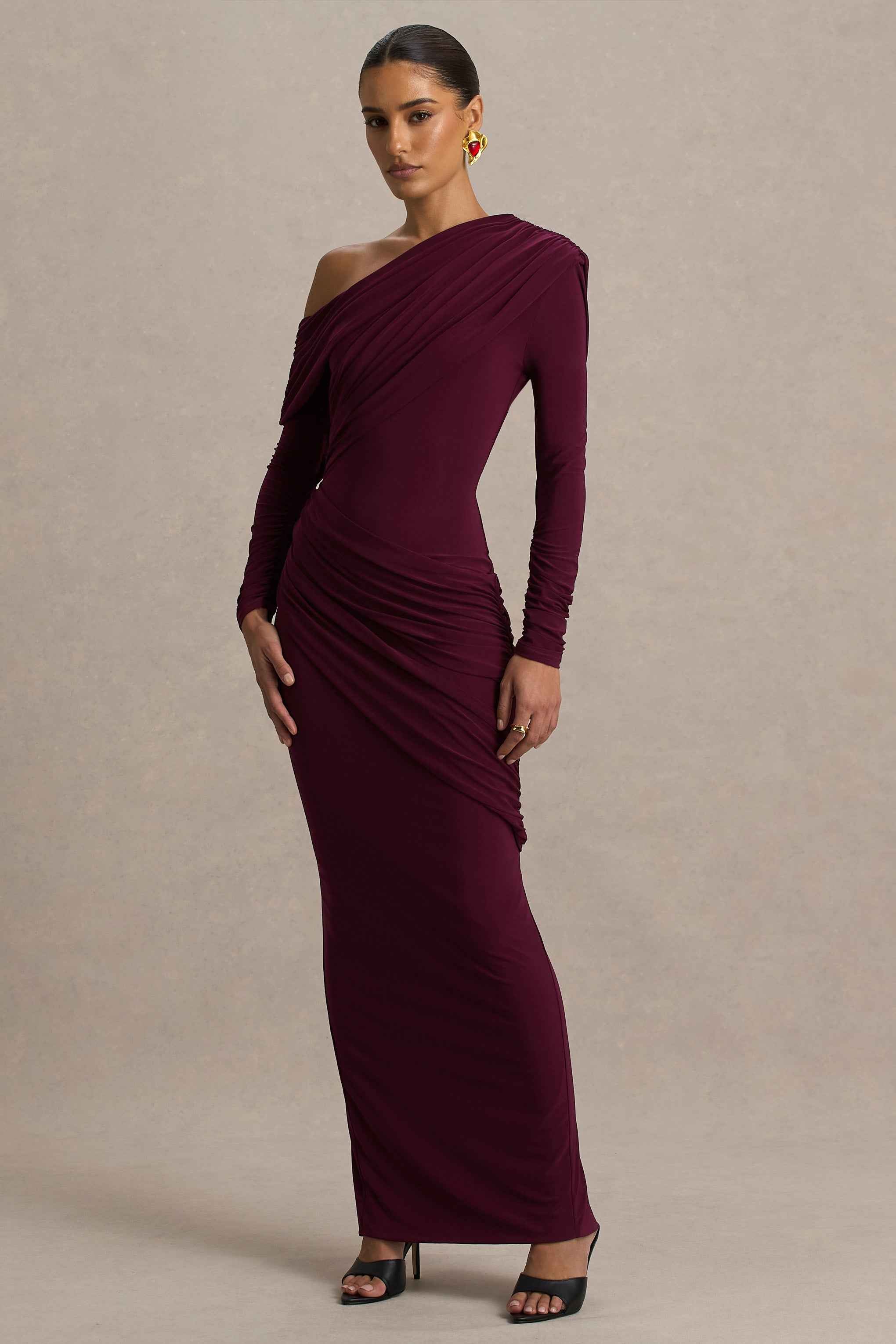 Perrie Maxi Dress - Burgundy Asymmetric Ruched