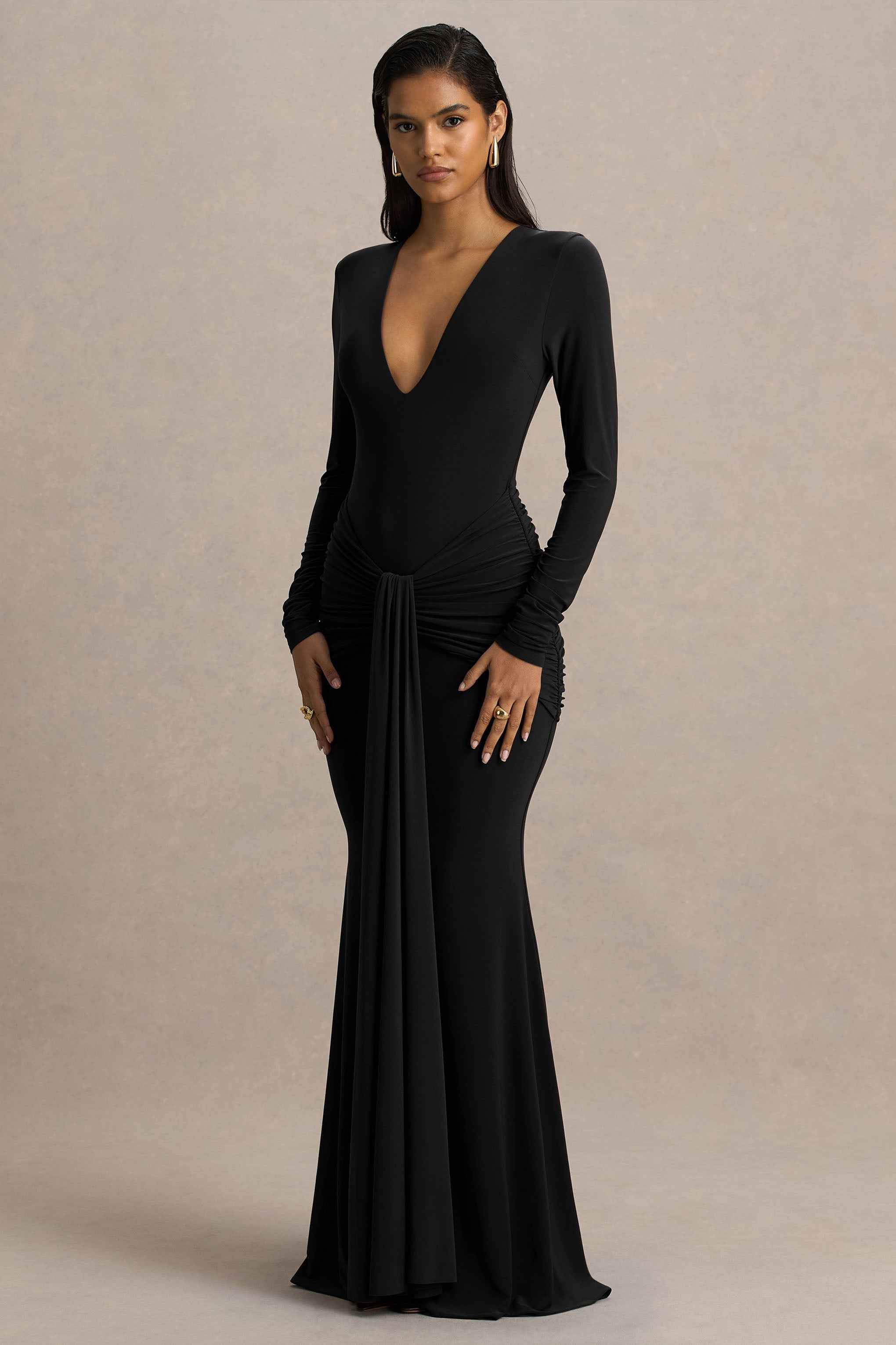 Black Extreme-Plunge Wrap Maxi Dress With Long-Sleeves And Ruched Detailing