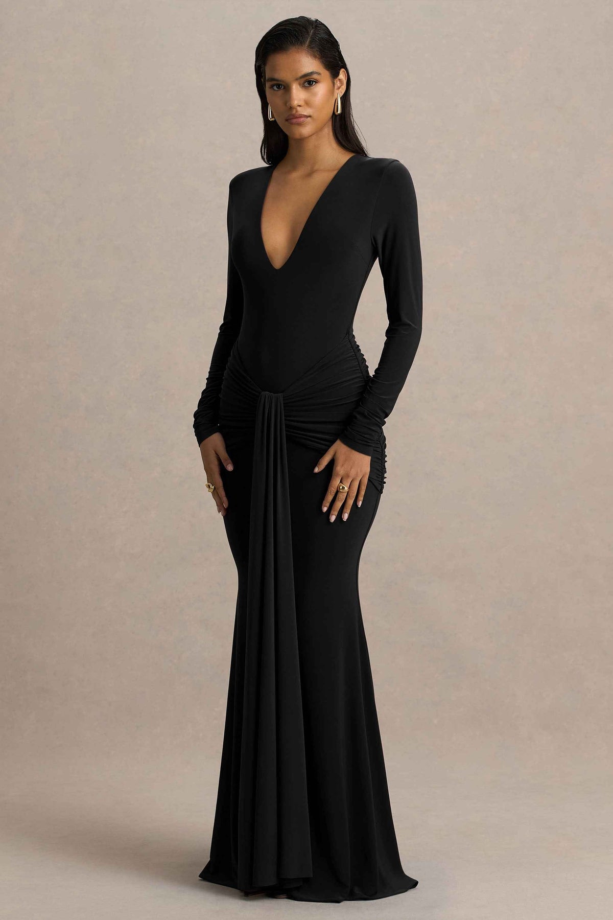 Black Extreme-Plunge Wrap Maxi Dress With Long-Sleeves And Ruched Detailing