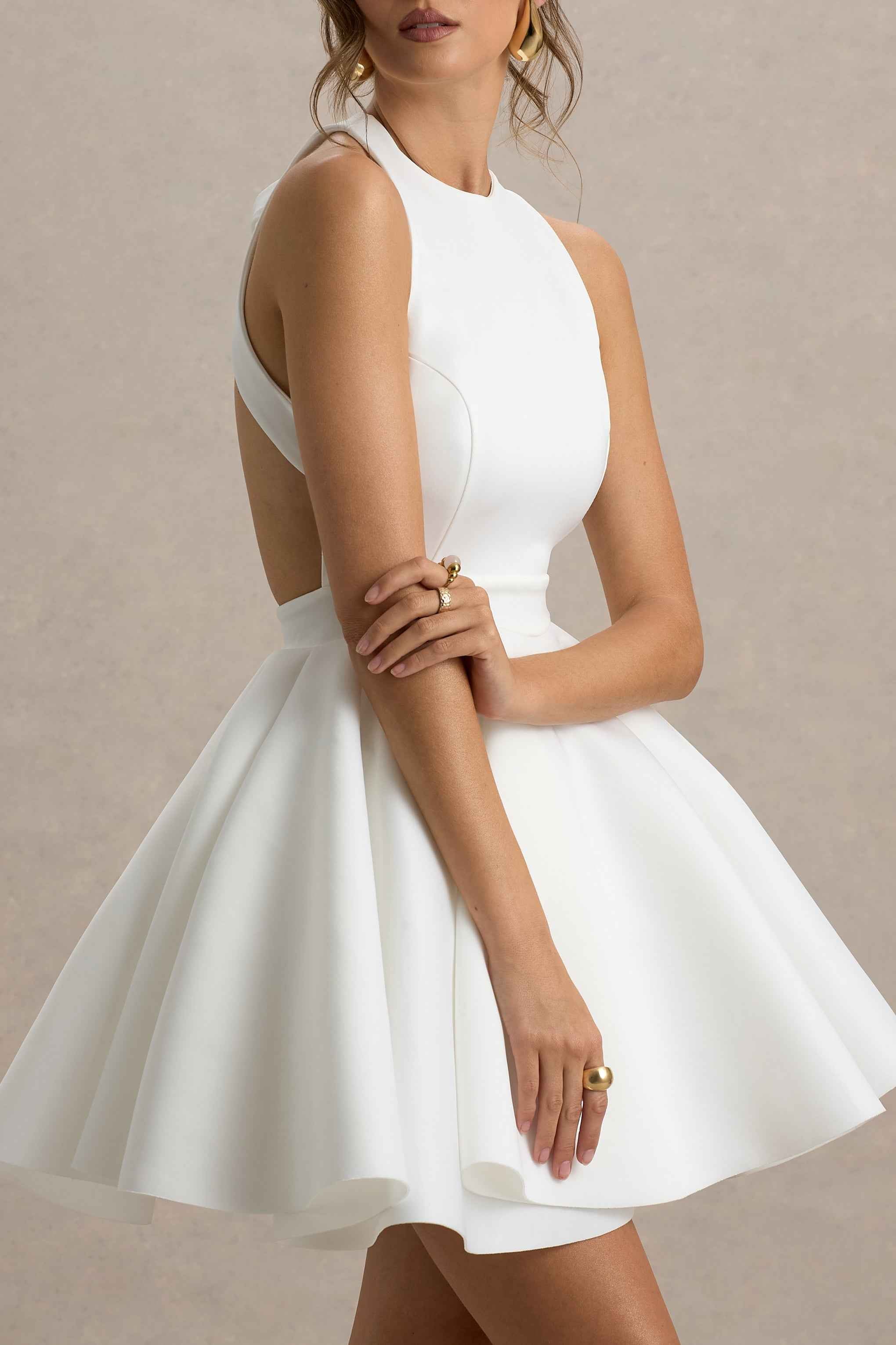Waverly Mini Dress - White Racer-Neck Open-Back