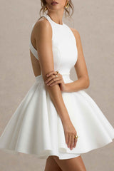 Waverly Mini Dress - White Racer-Neck Open-Back