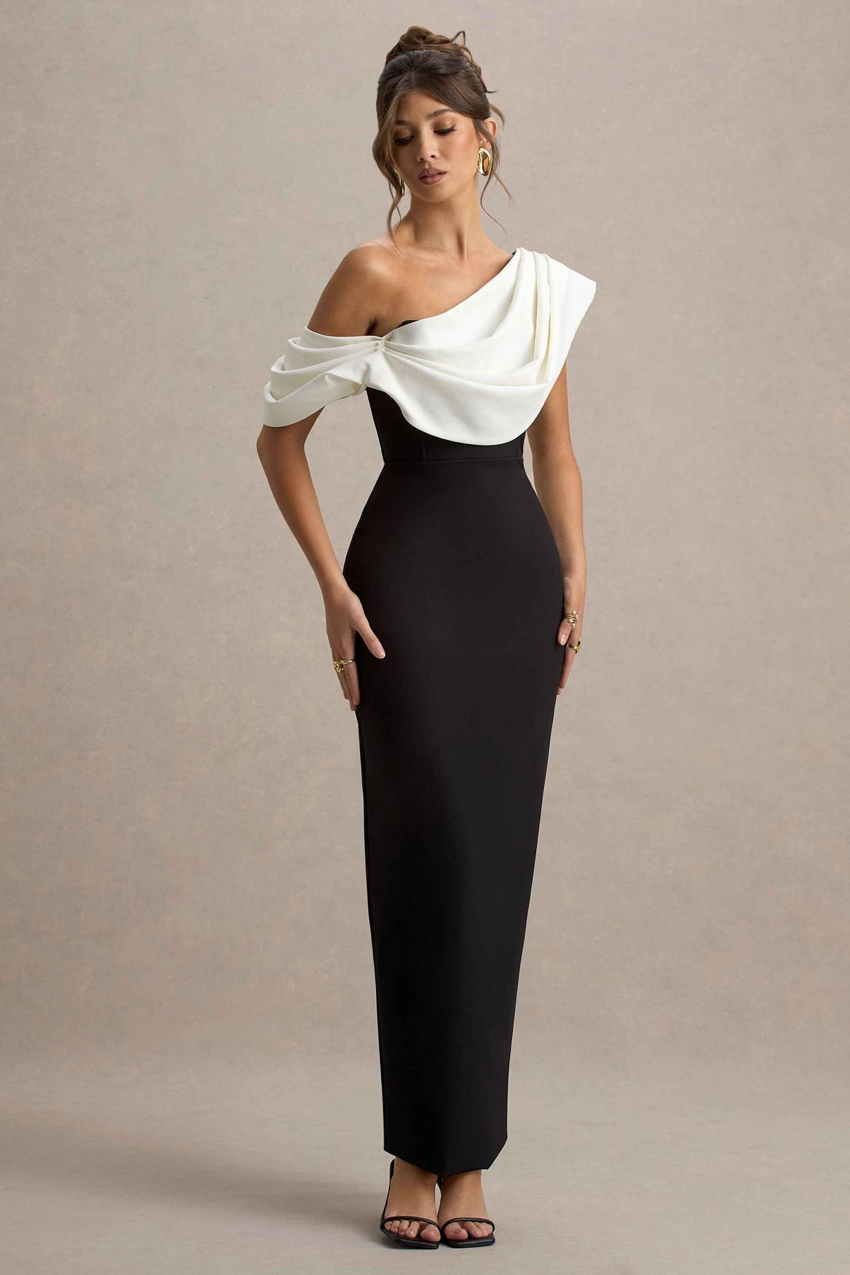 Angelina Maxi Dress - Black & White Draped Shoulder