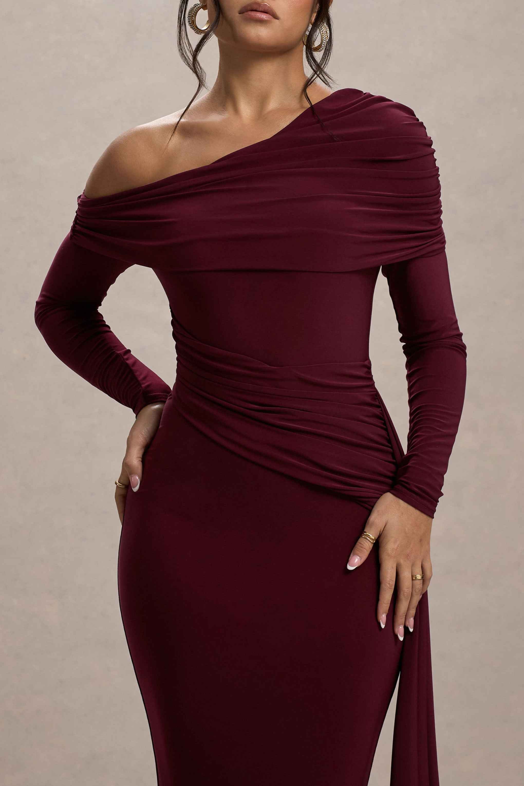 Valina Maxi Dress - Burgundy Ruched Asymmetric