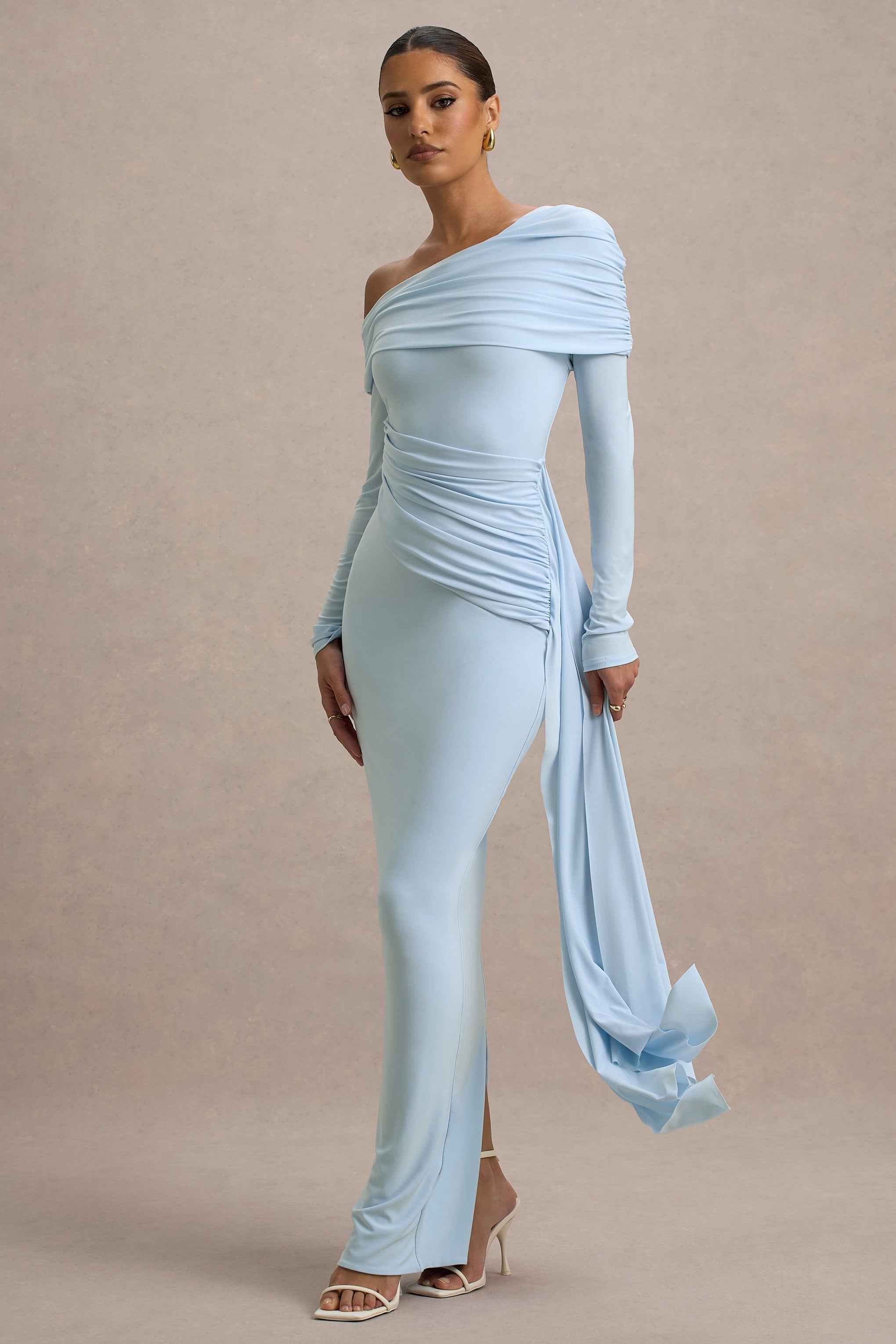 Valina Maxi Dress - Powder Blue Ruched Asymmetric