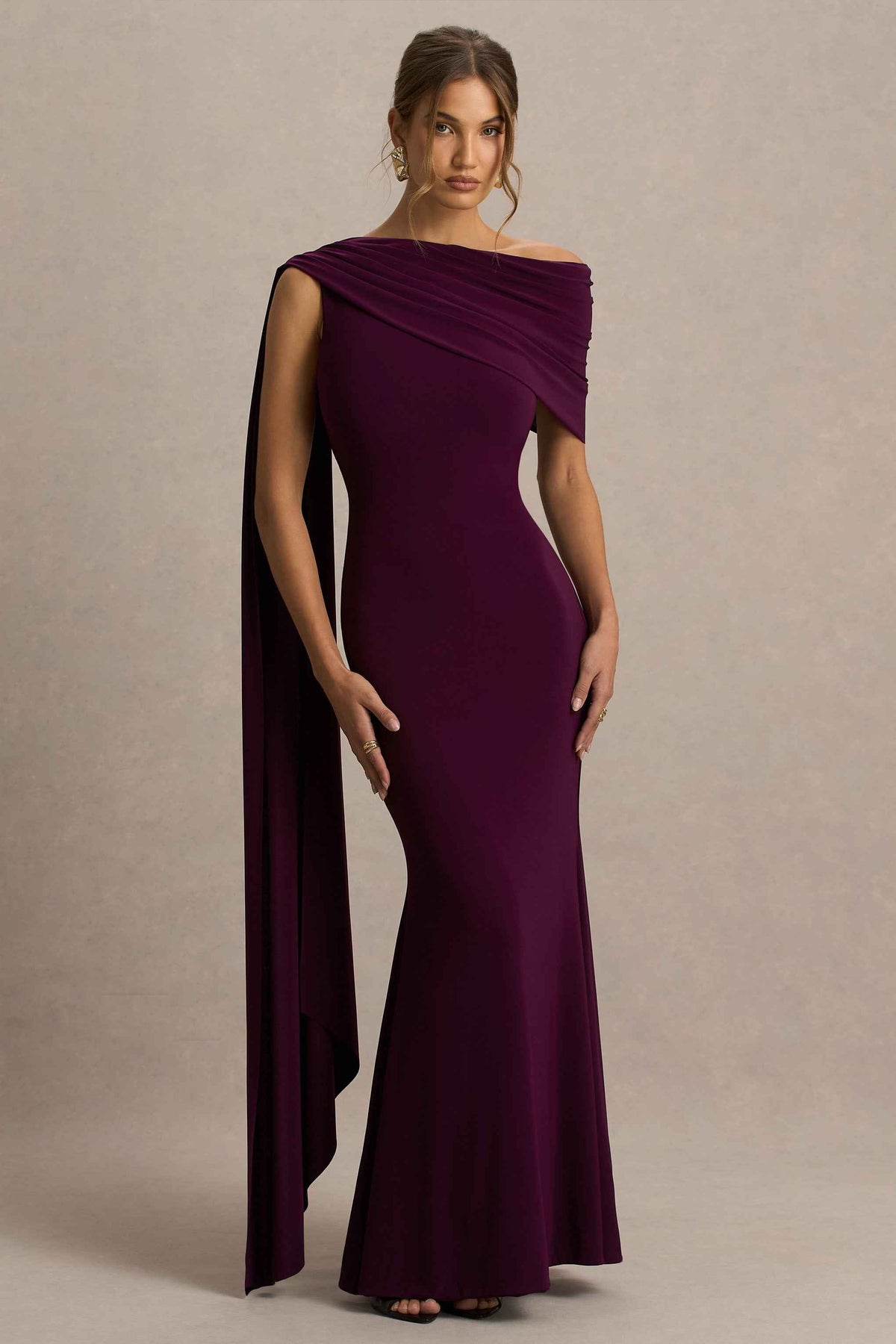 Dark Plum Asymmetric-Neck Maxi Dress With Draped Detail