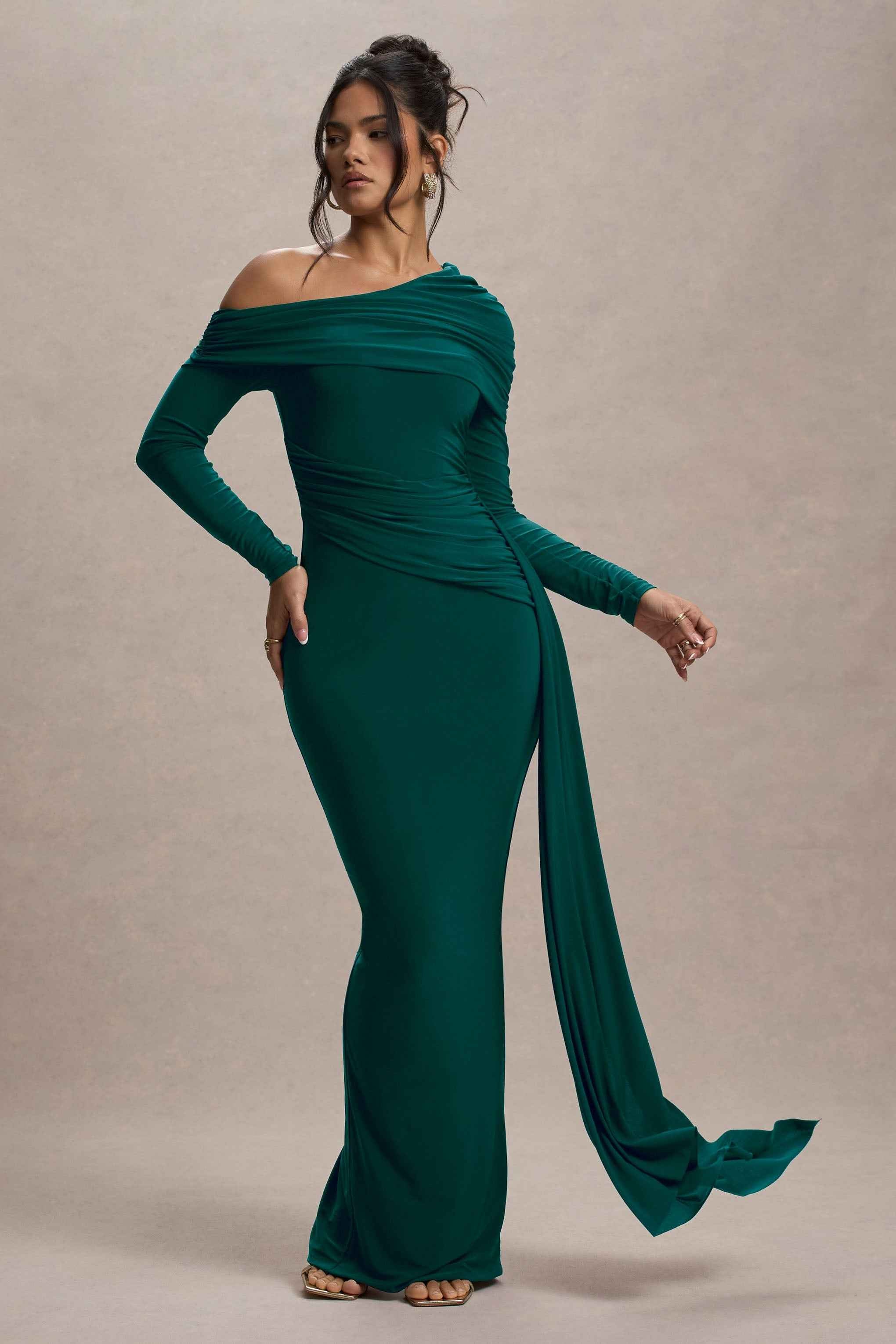 Valina Maxi Dress - Green Ruched Asymmetric
