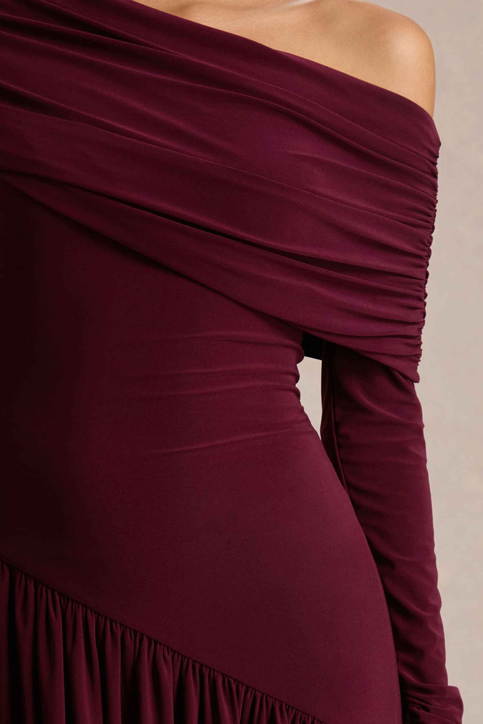 Farah Maxi Dress - Burgundy Asymmetric Neck Ruched