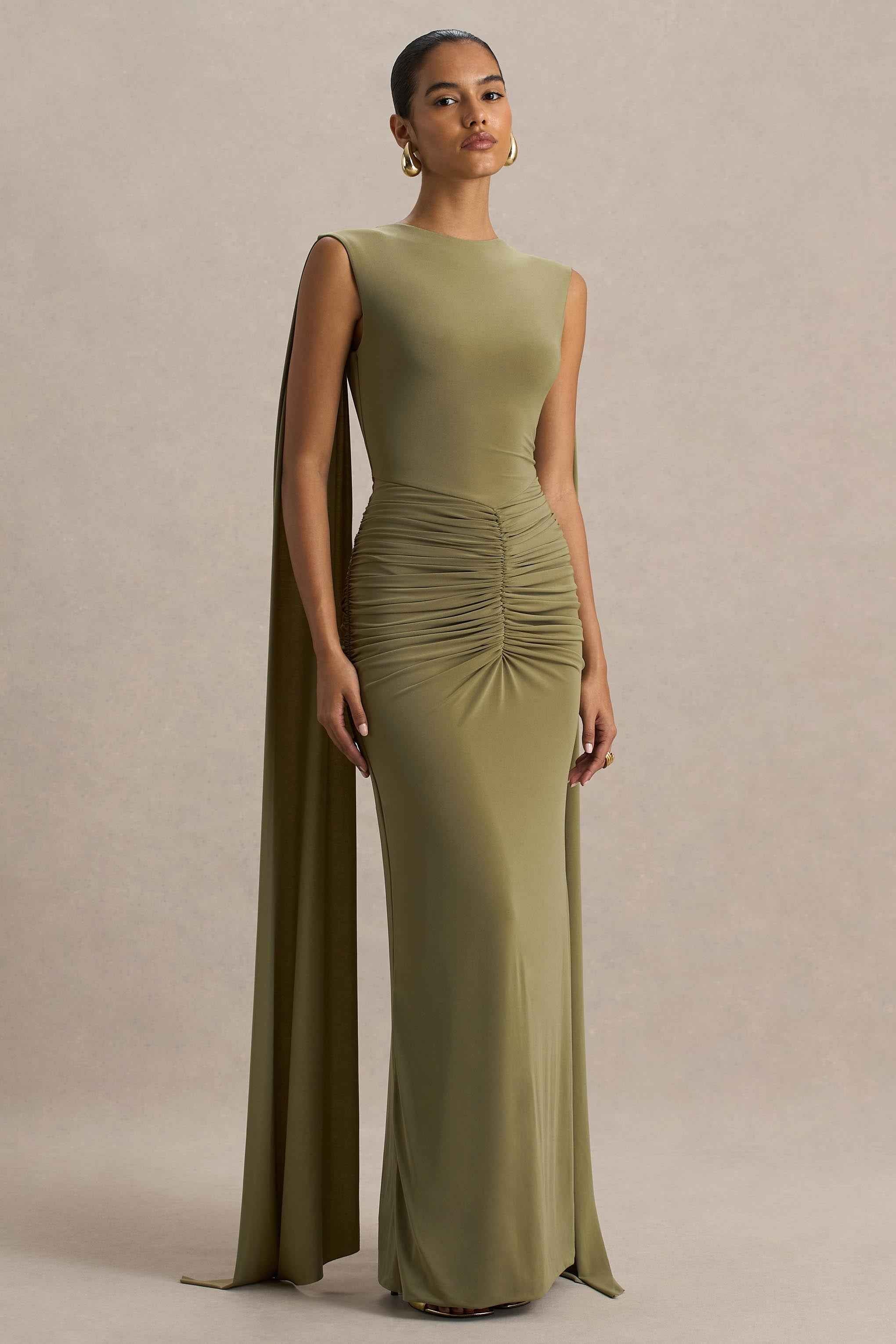 Olive Boat-Neck Maxi Dress With Cape-Sleeves And Open-Back