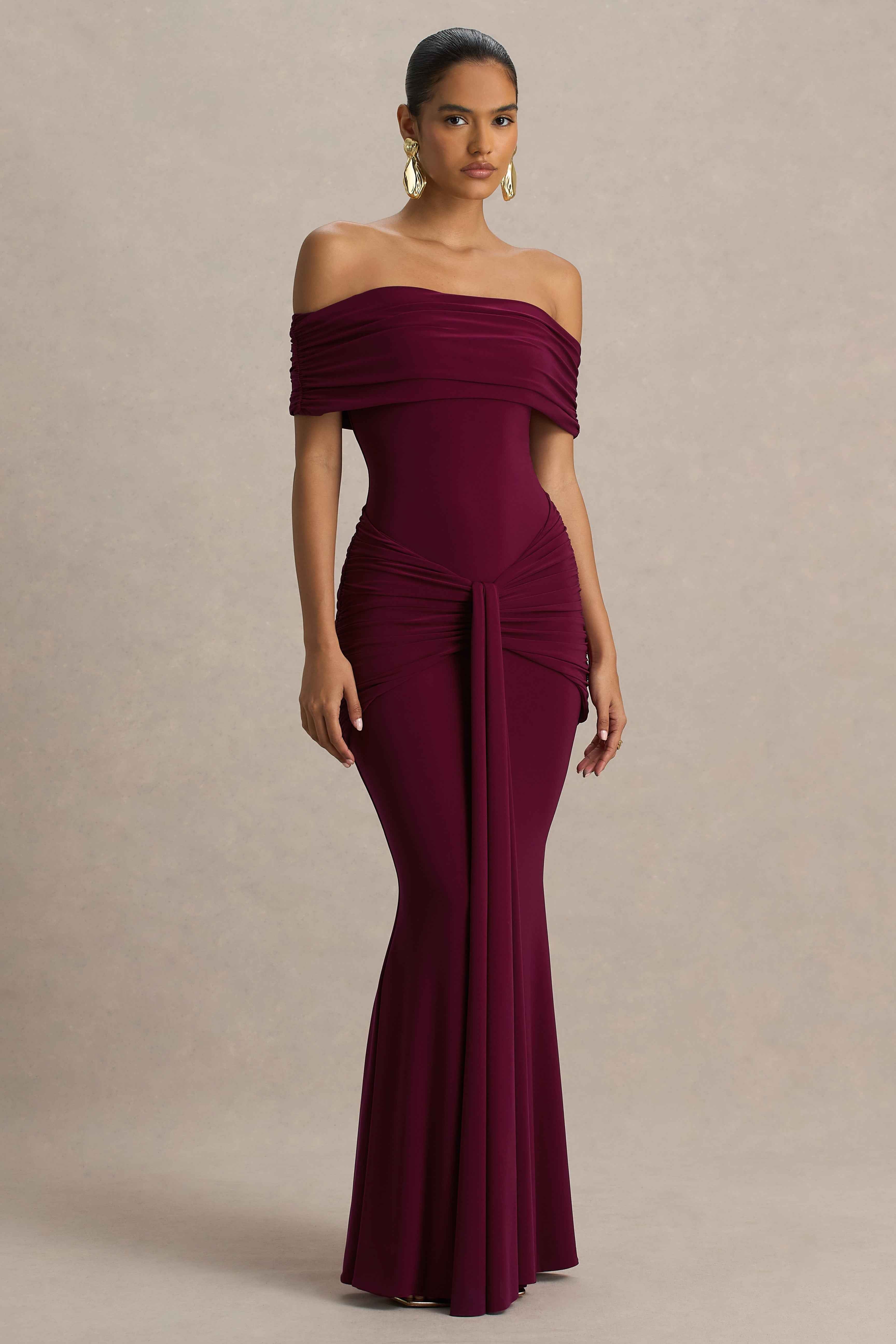 Envisioned Maxi Dress - Burgundy Bardot Neck Gathered