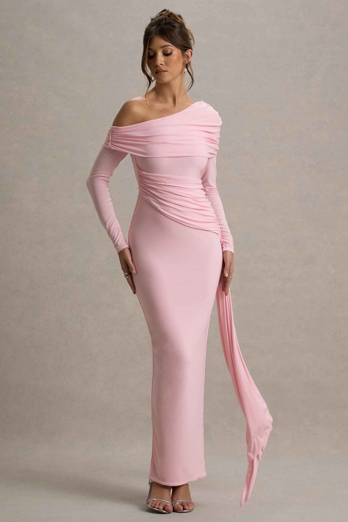 Valina Maxi Dress - Pink Ruched Asymmetric