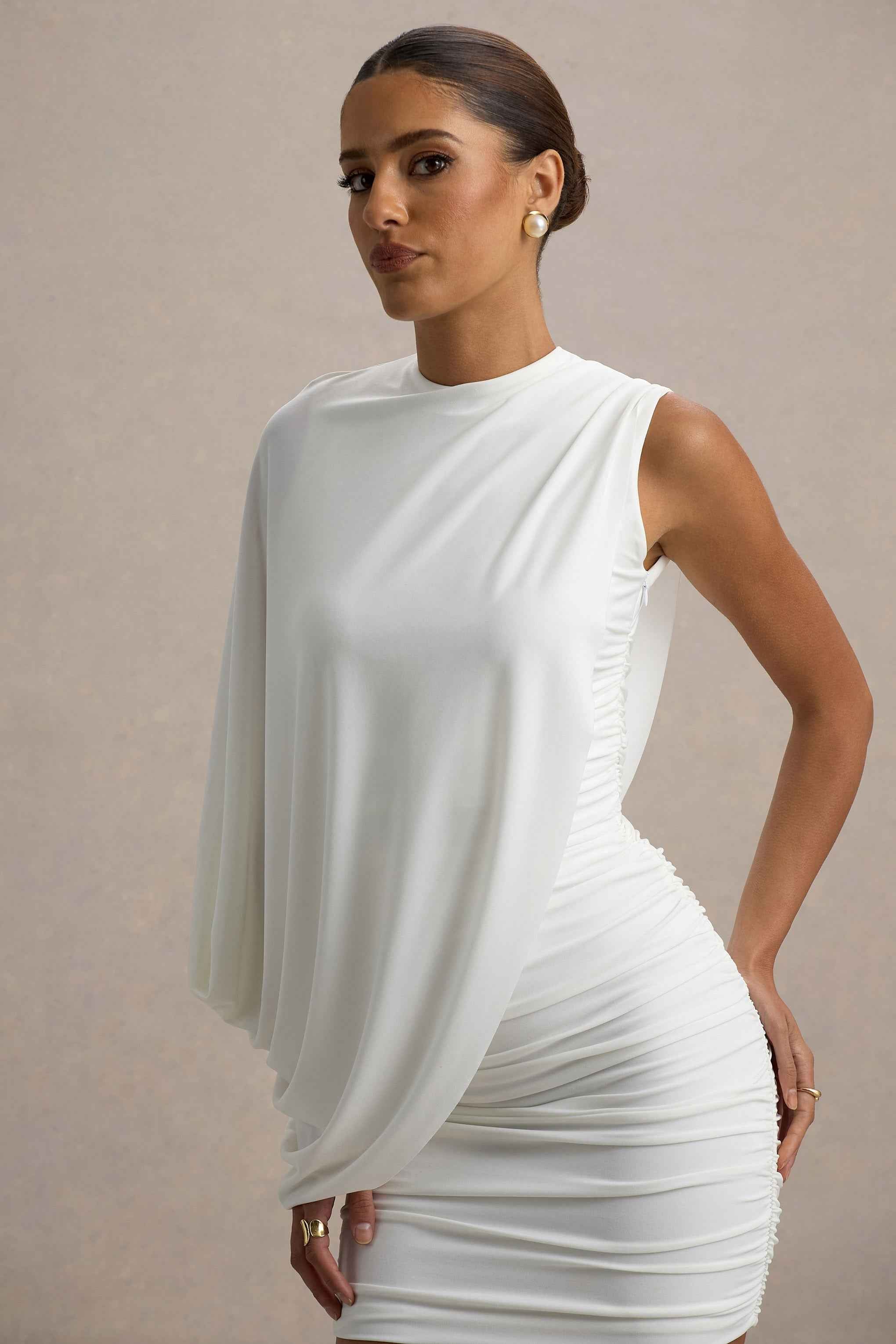 Fortuna Mini Dress - White Ruched One-Sleeve