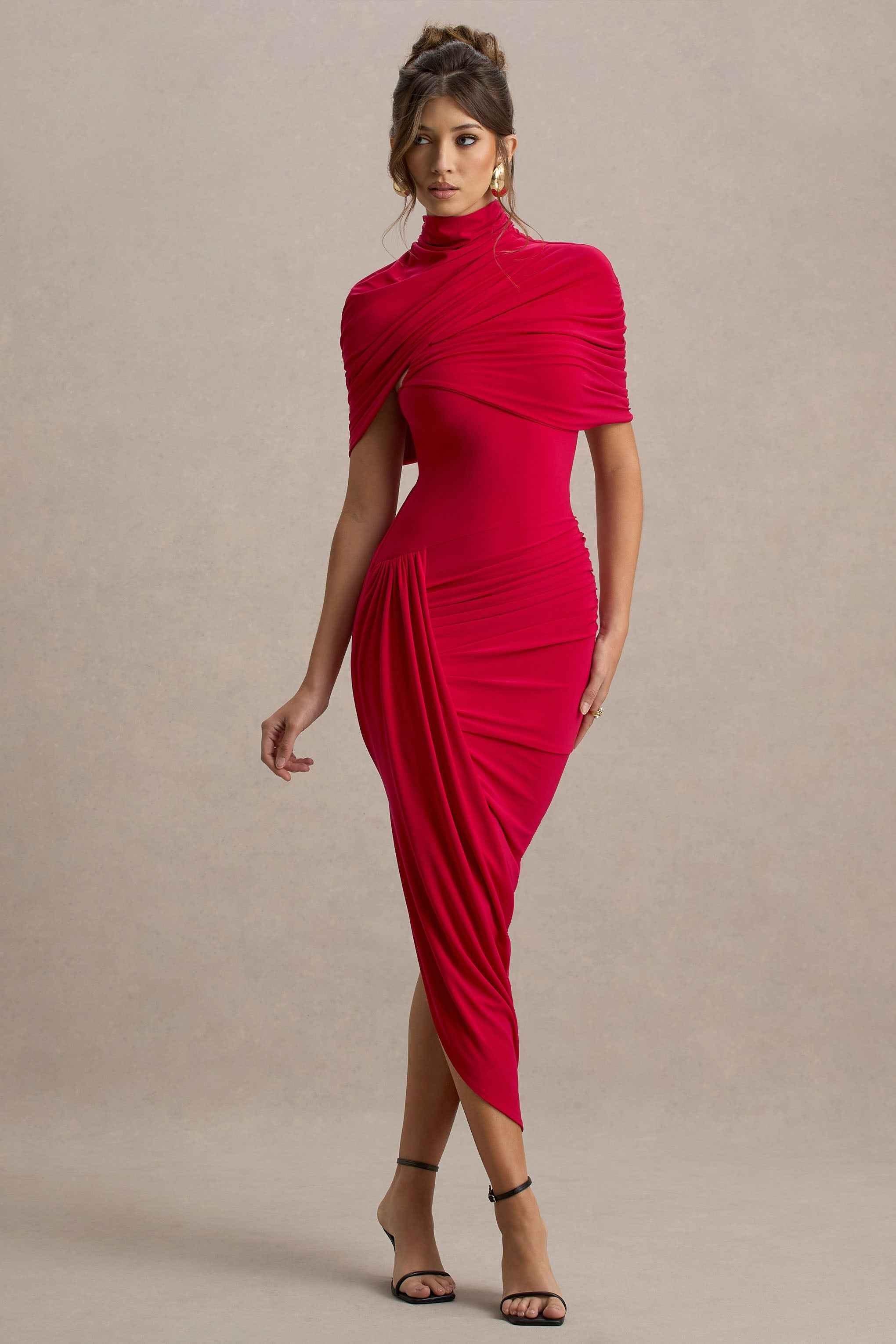 Enchant Midi Dress - Red Asymmetric Cape