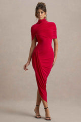 Enchant Midi Dress - Red Asymmetric Cape