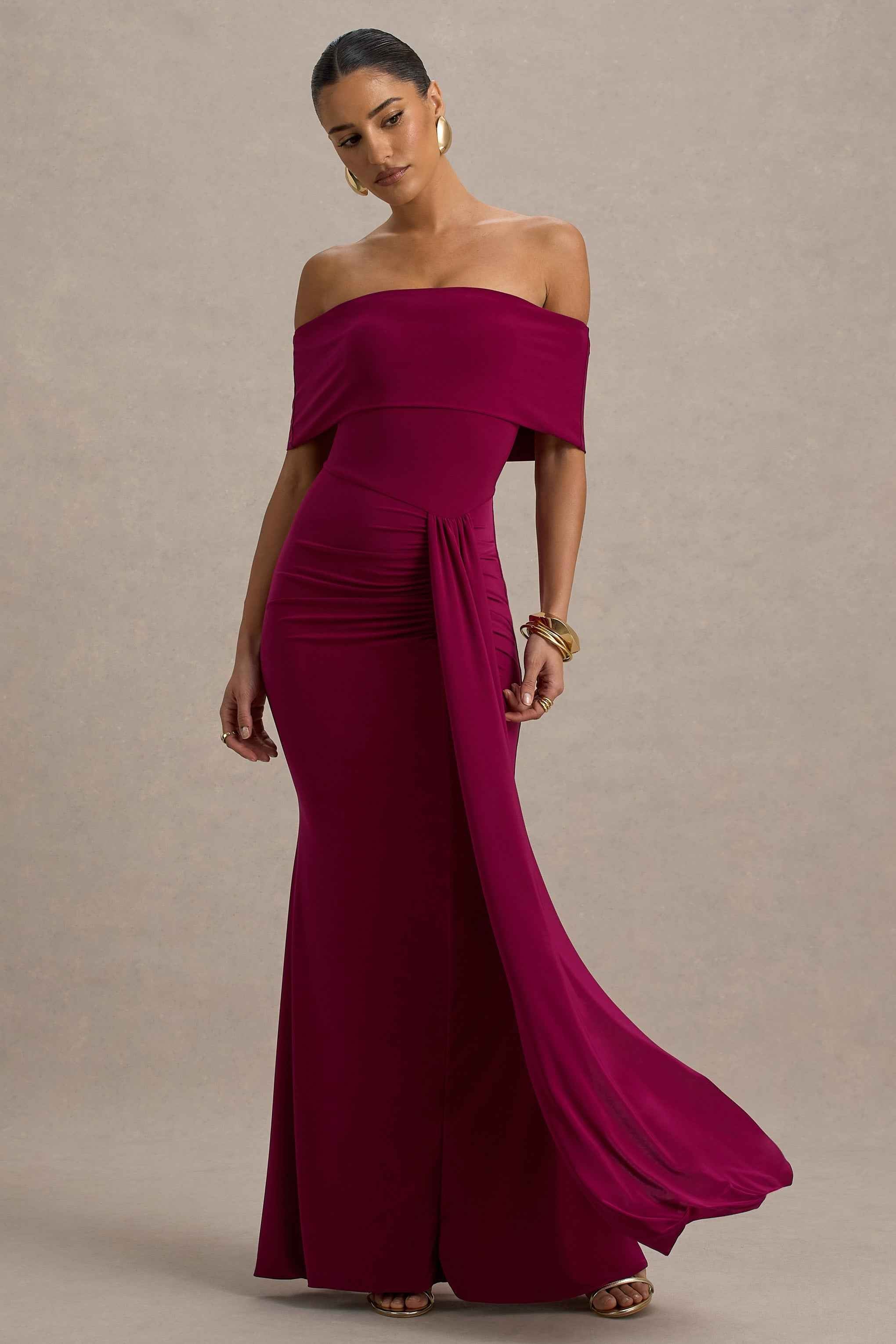 Delma Maxi Dress - Burgundy Bardot Ruched