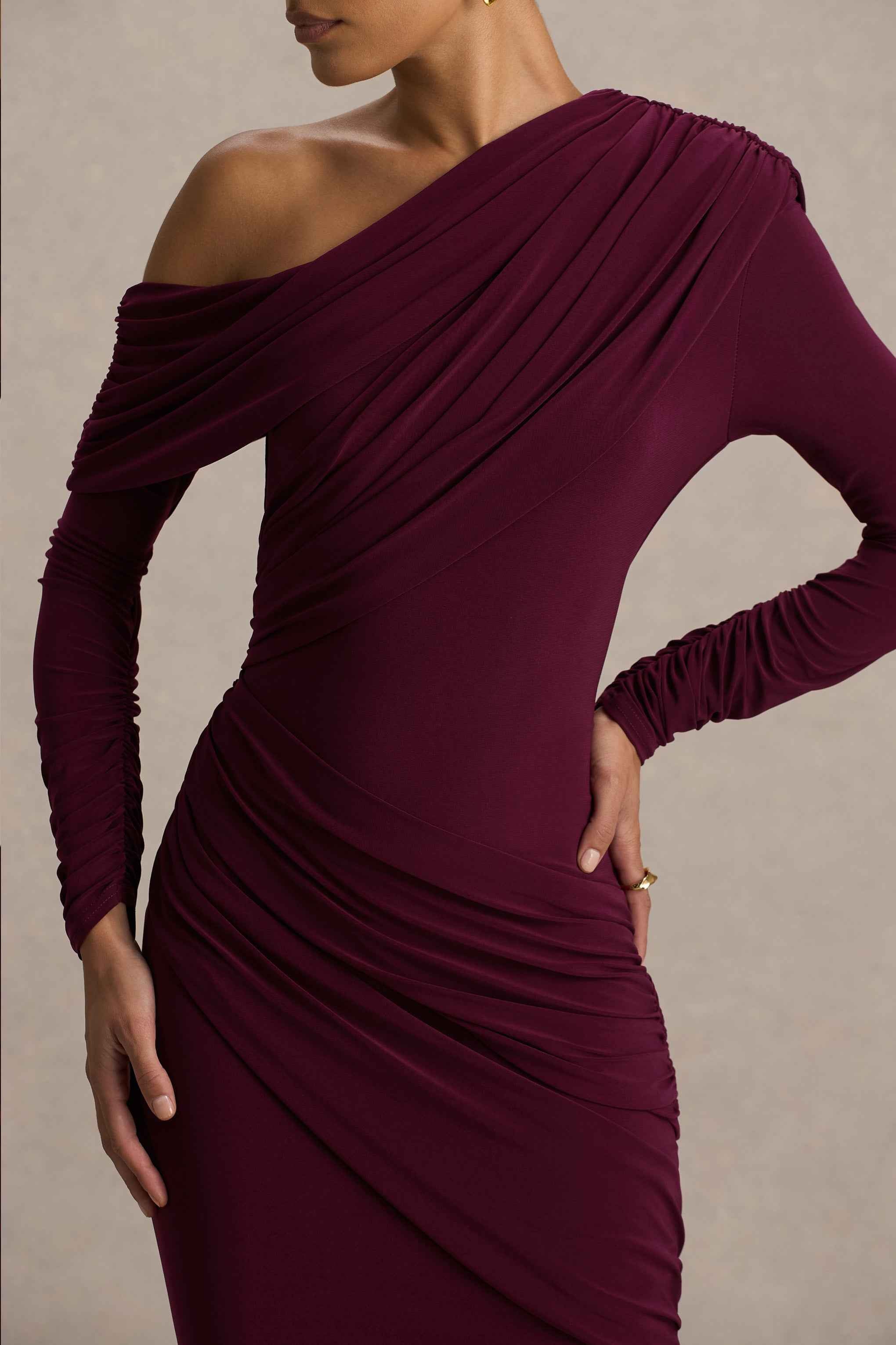 Perrie Maxi Dress - Burgundy Asymmetric Ruched