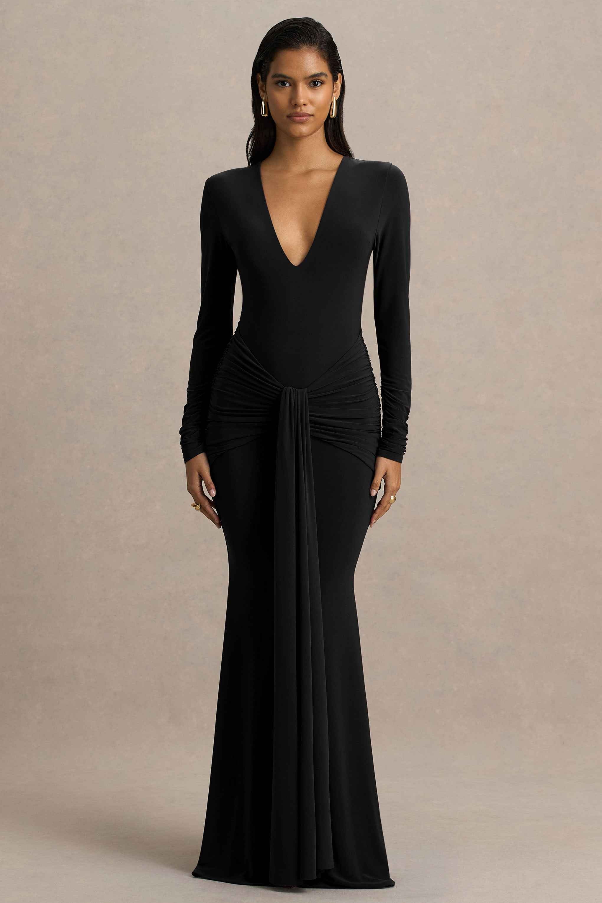 Black Extreme-Plunge Wrap Maxi Dress With Long-Sleeves And Ruched Detailing