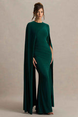 Magdelena Maxi Dress - Bottle Green Asymmetric Cape