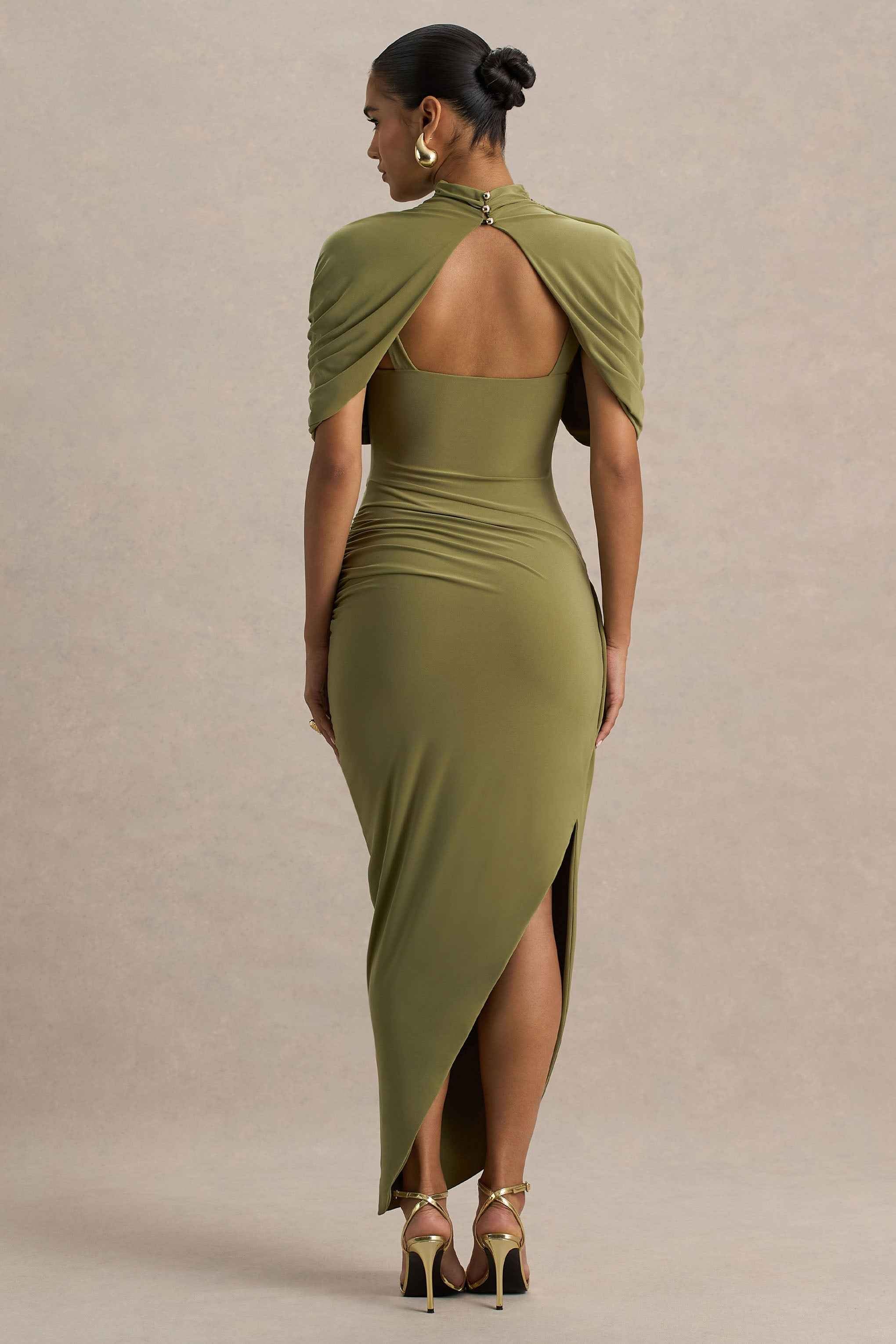 Enchant Midi Dress - Olive Asymmetric Cape