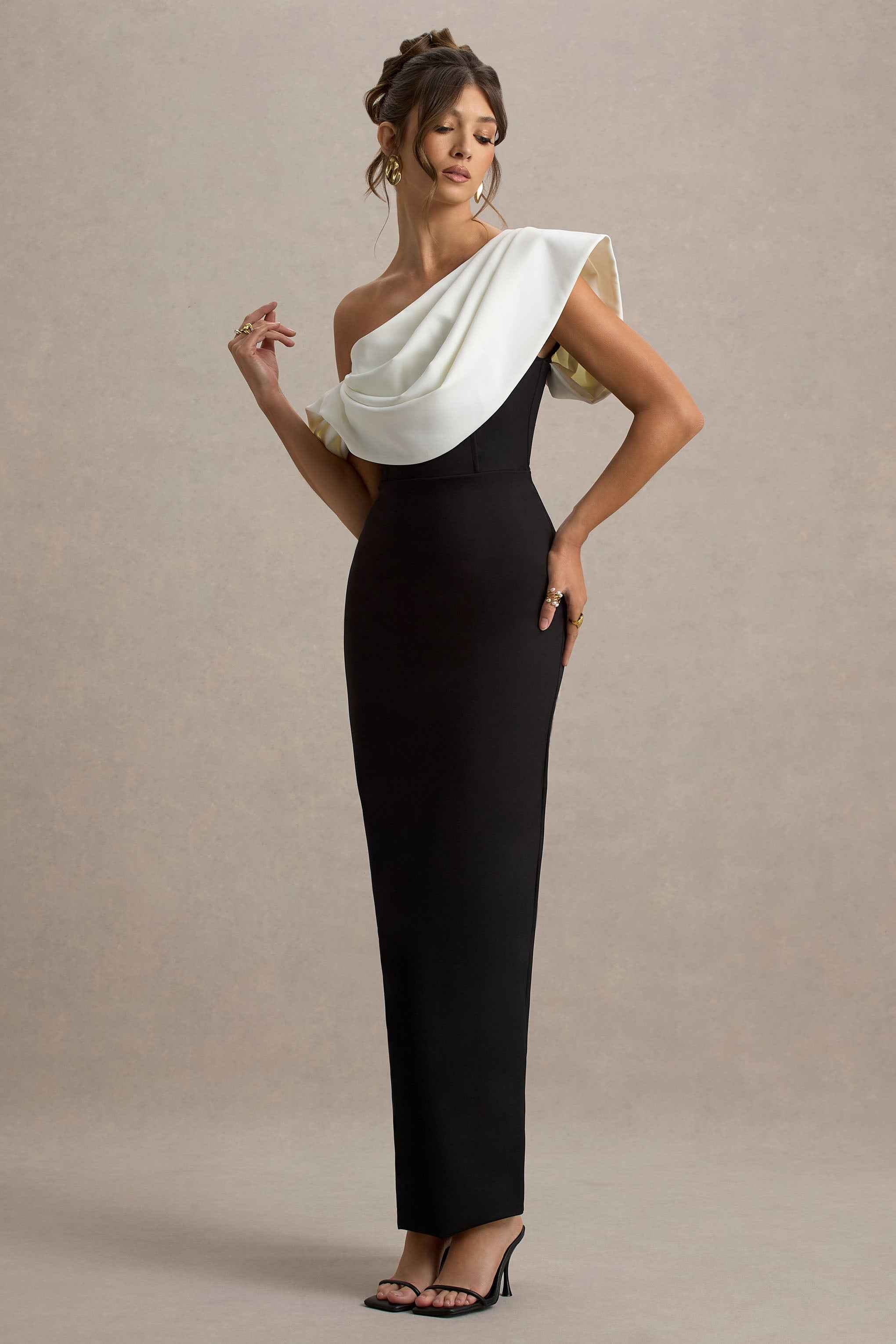 Angelina Maxi Dress - Black & White Draped Shoulder