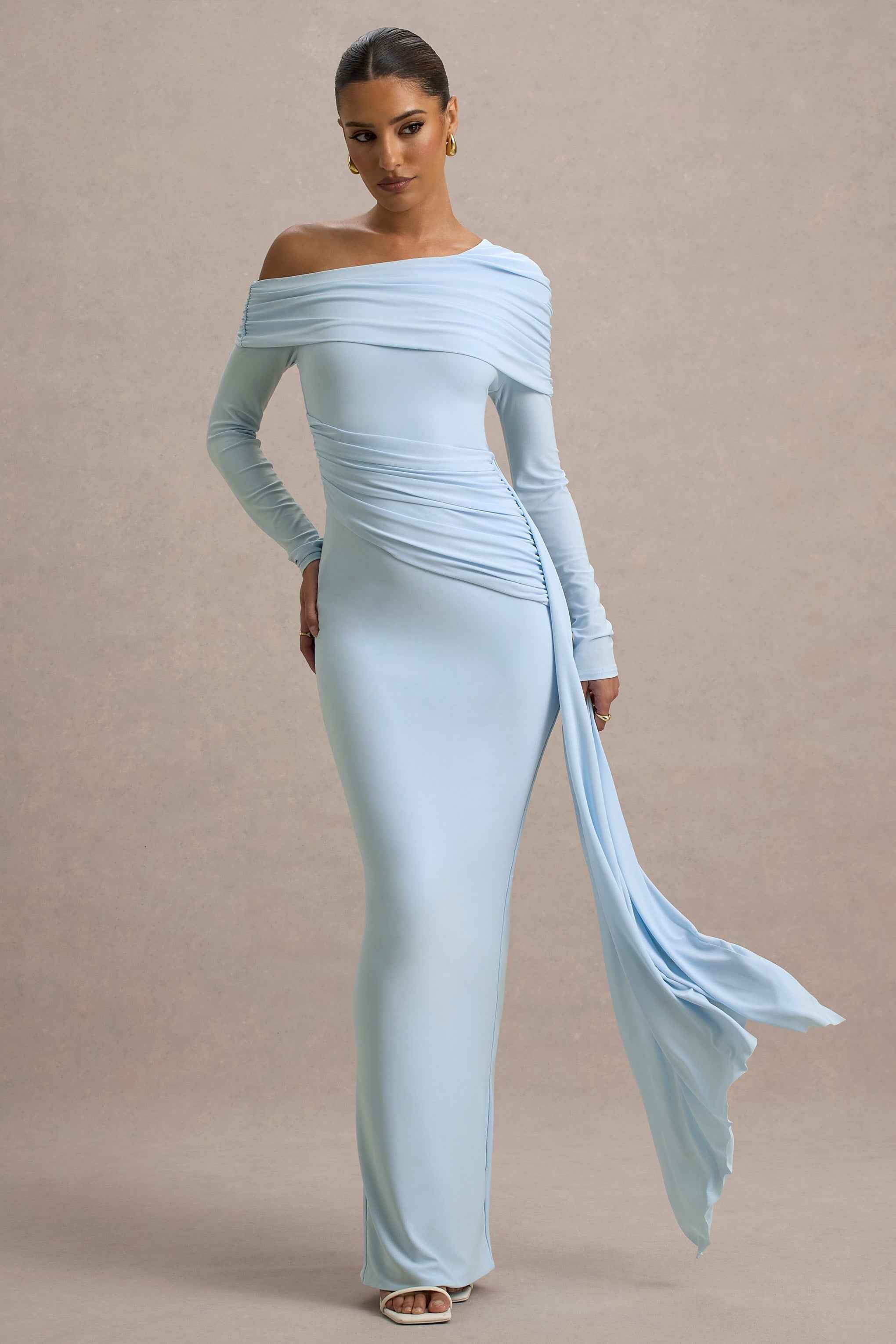 Valina Maxi Dress - Powder Blue Ruched Asymmetric
