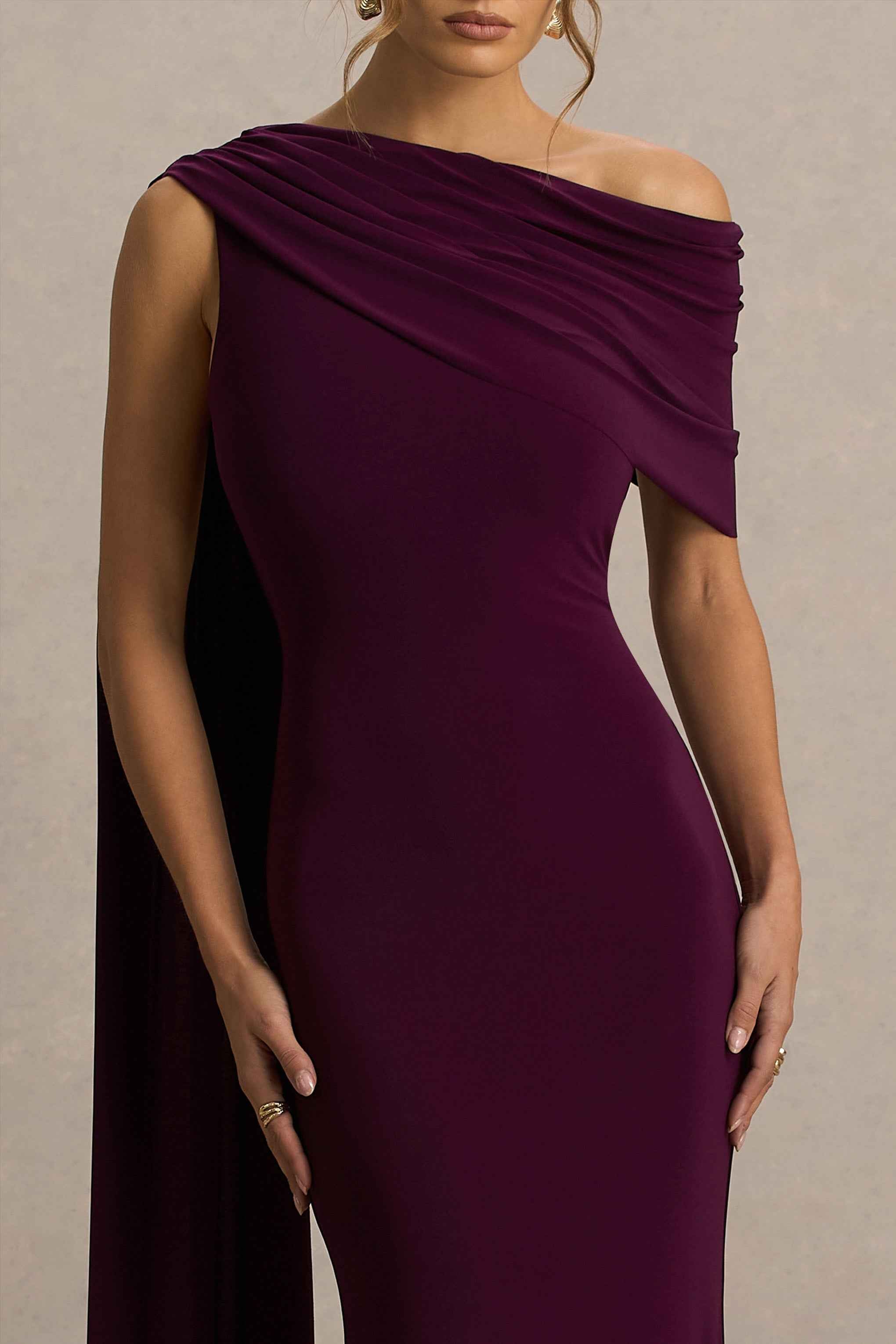 Dark Plum Asymmetric-Neck Maxi Dress With Draped Detail