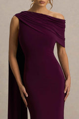 Dark Plum Asymmetric-Neck Maxi Dress With Draped Detail