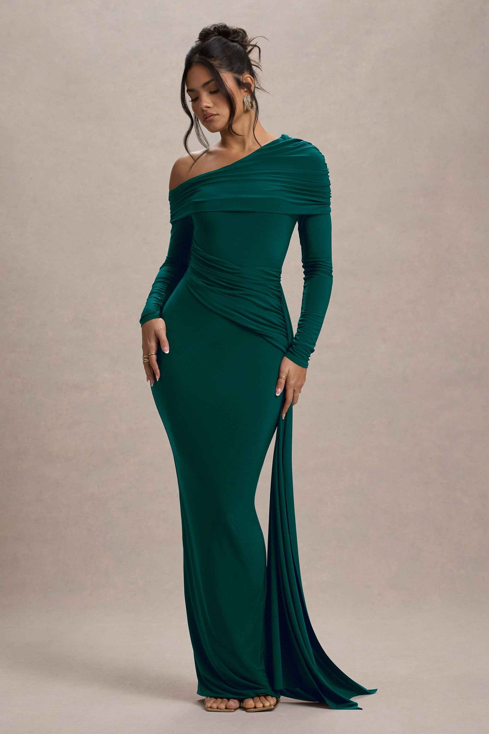 Valina Maxi Dress - Green Ruched Asymmetric