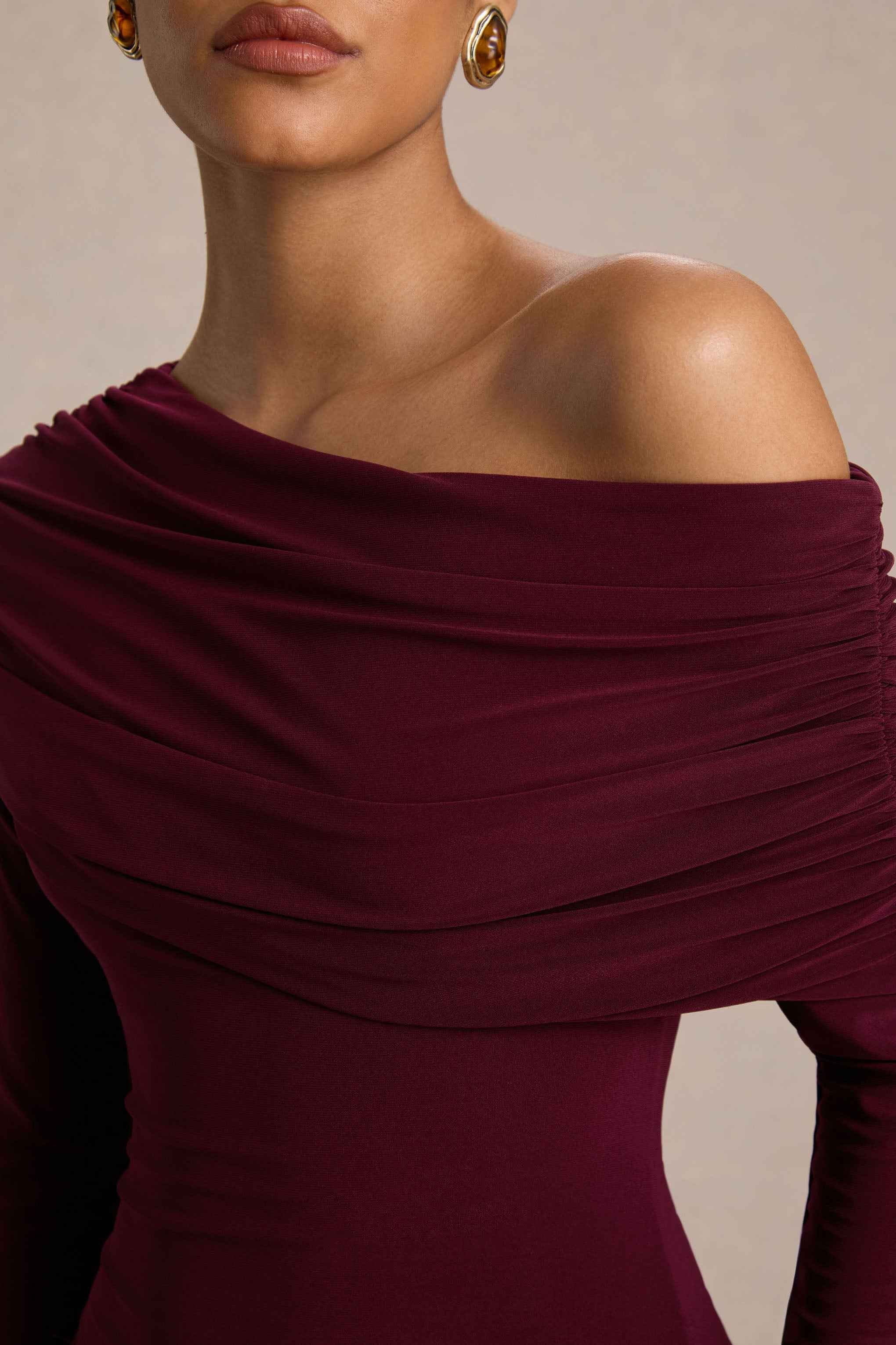Farah Maxi Dress - Burgundy Asymmetric Neck Ruched