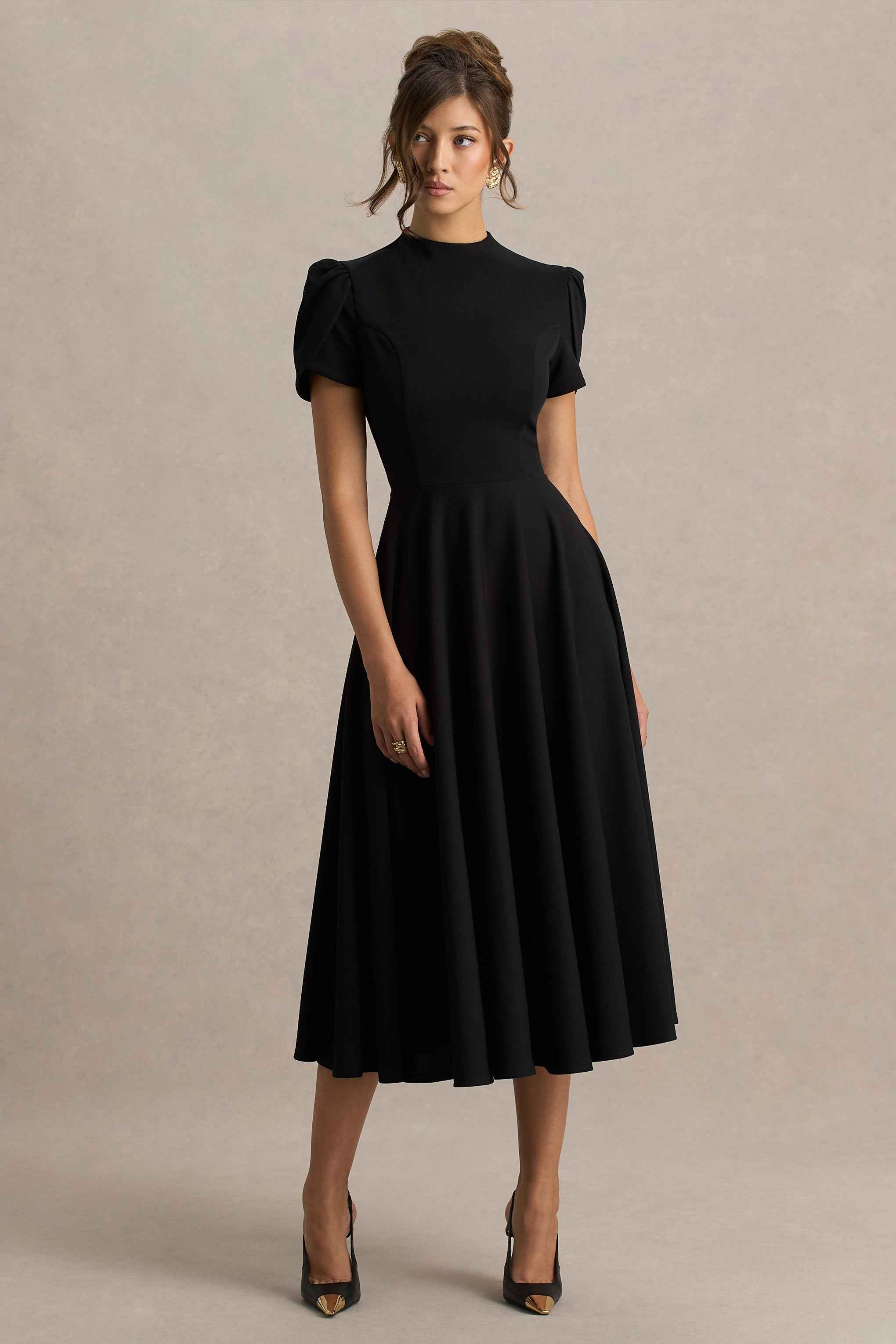 Vicky Midi Dress - Black High Neck Puff Sleeves